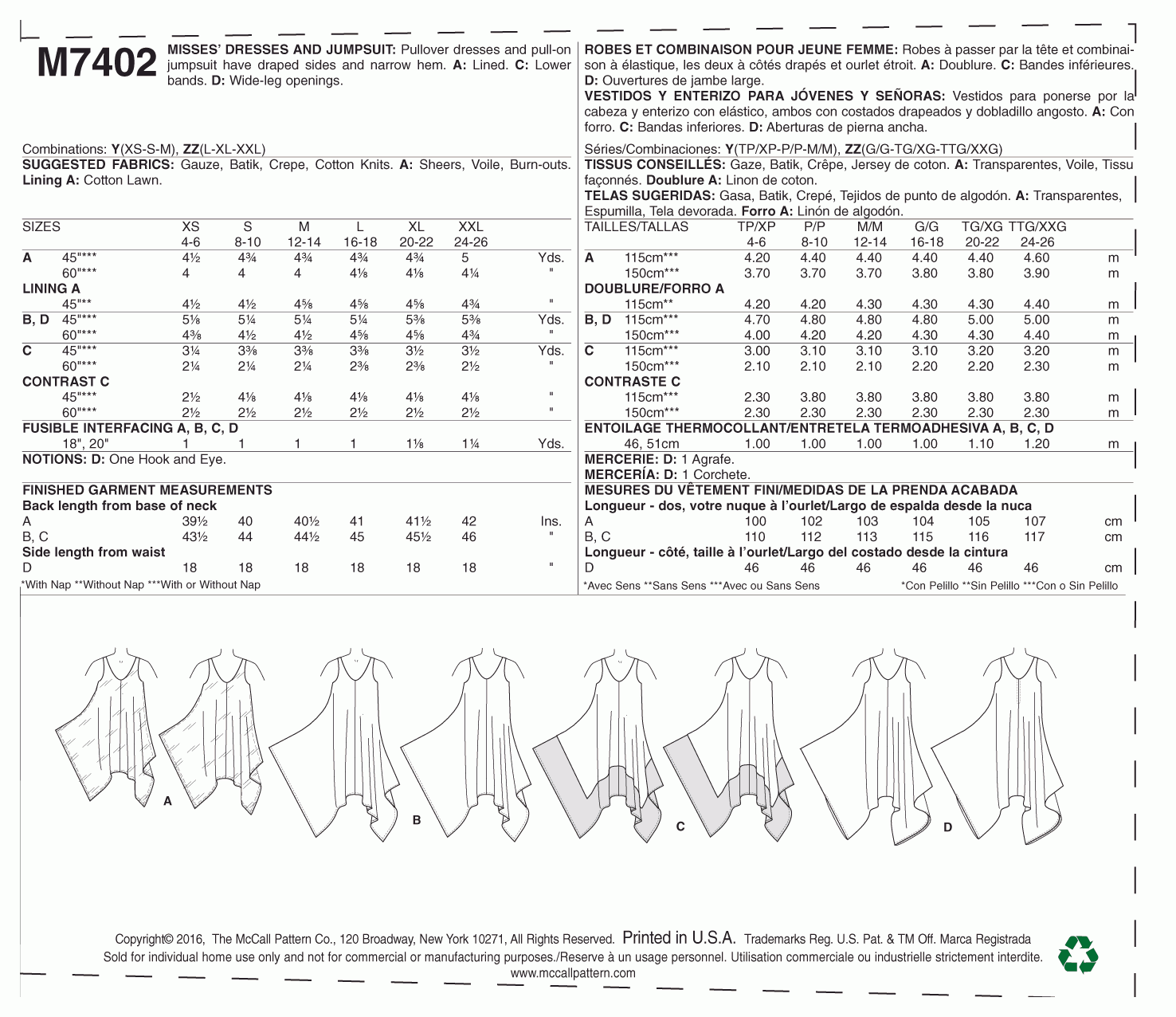 McCall's Pattern M7402 Misses' Dresses and Jumpsuit