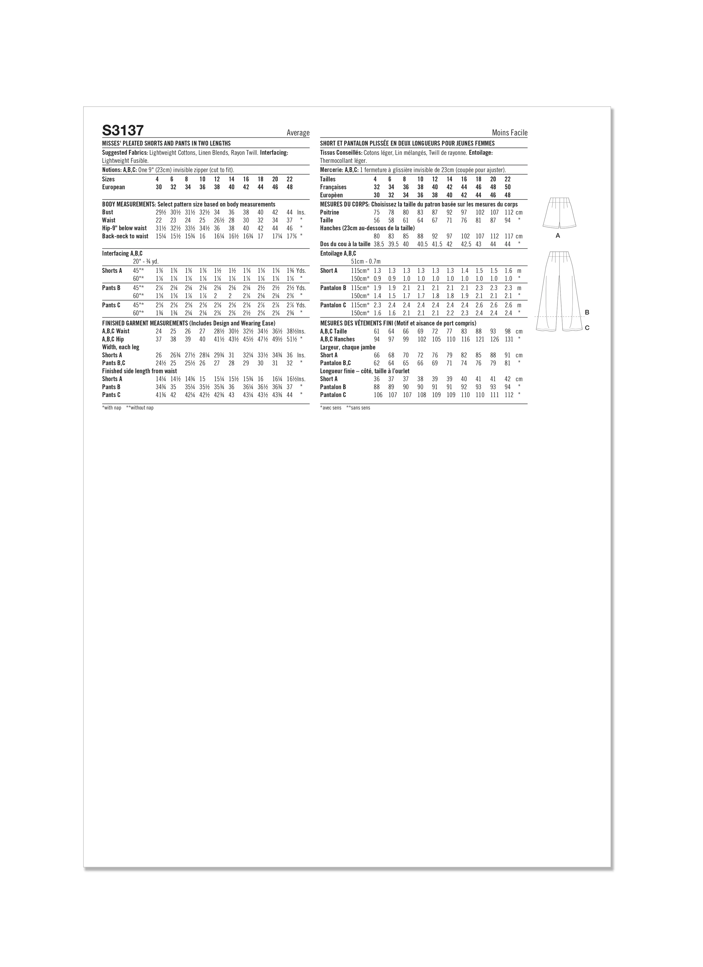 Simplicity Pattern S3137 Misses' Pleated Shorts and Pants in Two Lengths