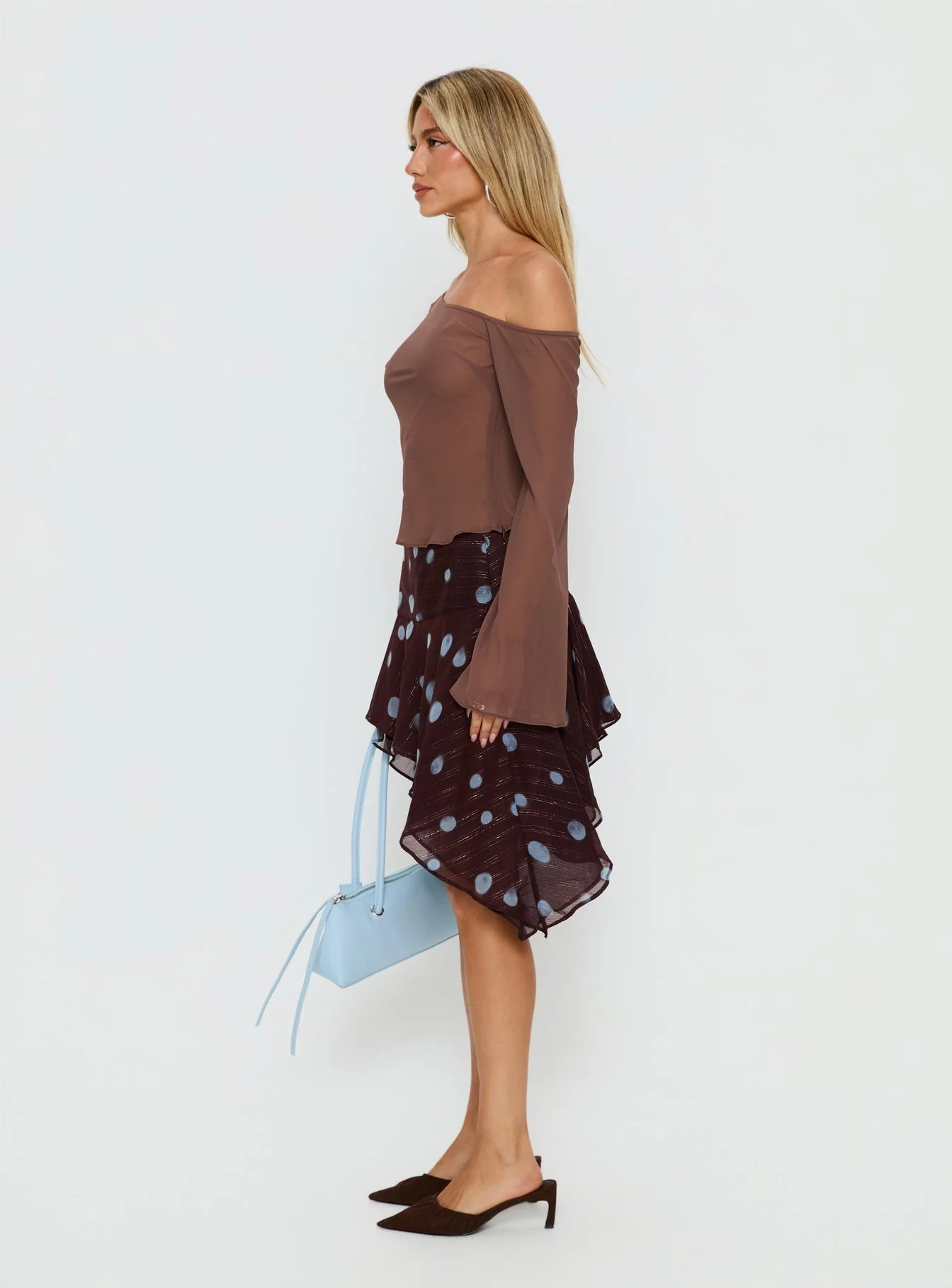 Hevenna Asymmetrical Chiffon Mini Skirt Brown / Blue Polka