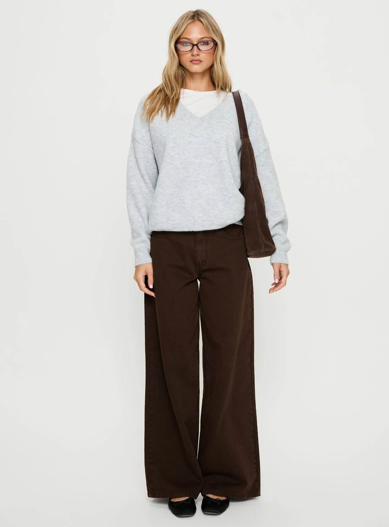 Stay The Night V Neck Knit Sweater Grey Marle