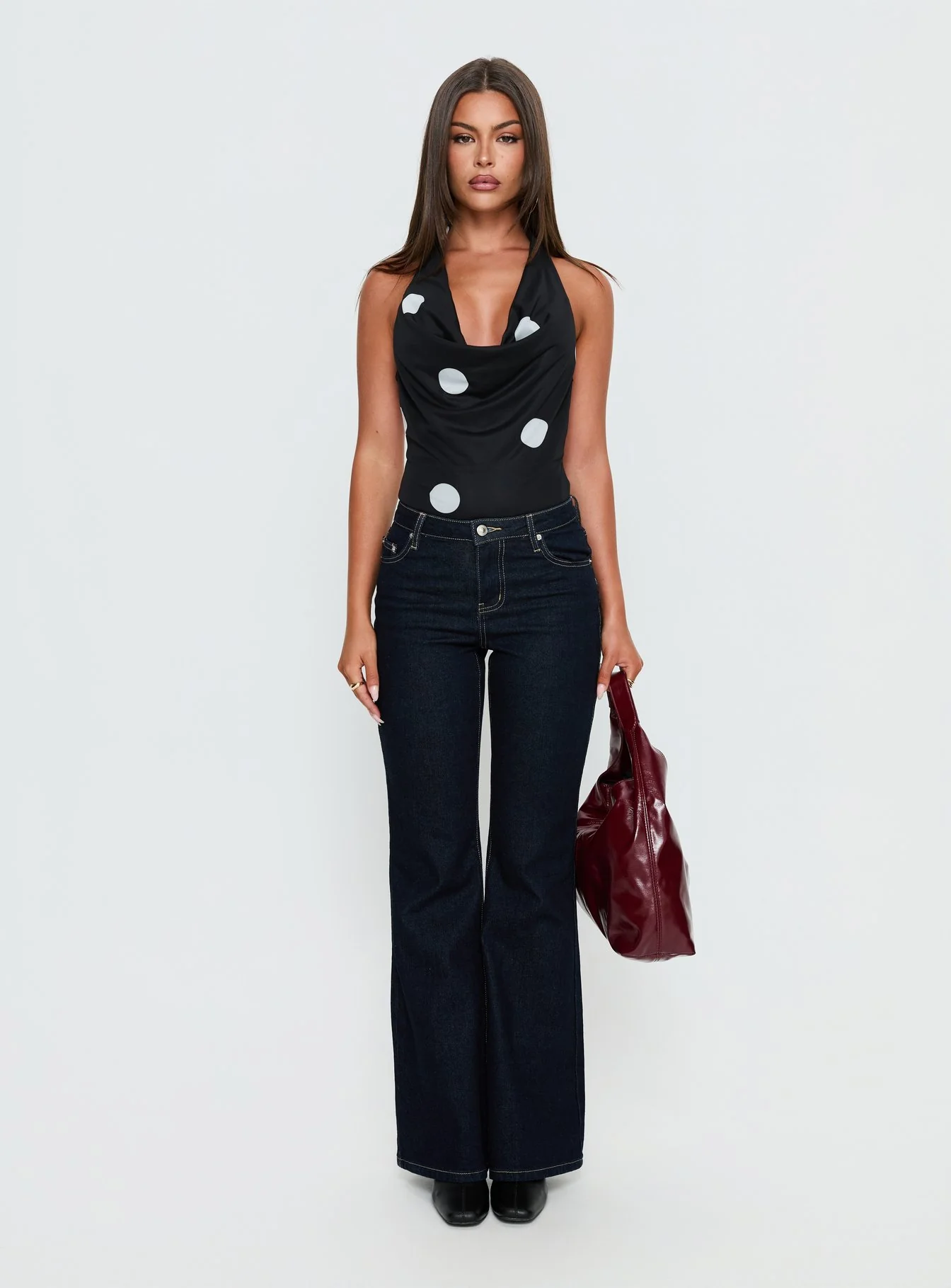 Cleona Plunge Neck Bodysuit Black Polka