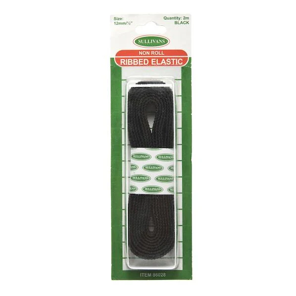 Sullivans Ribbed Elastic, Black- 12mm x 2m