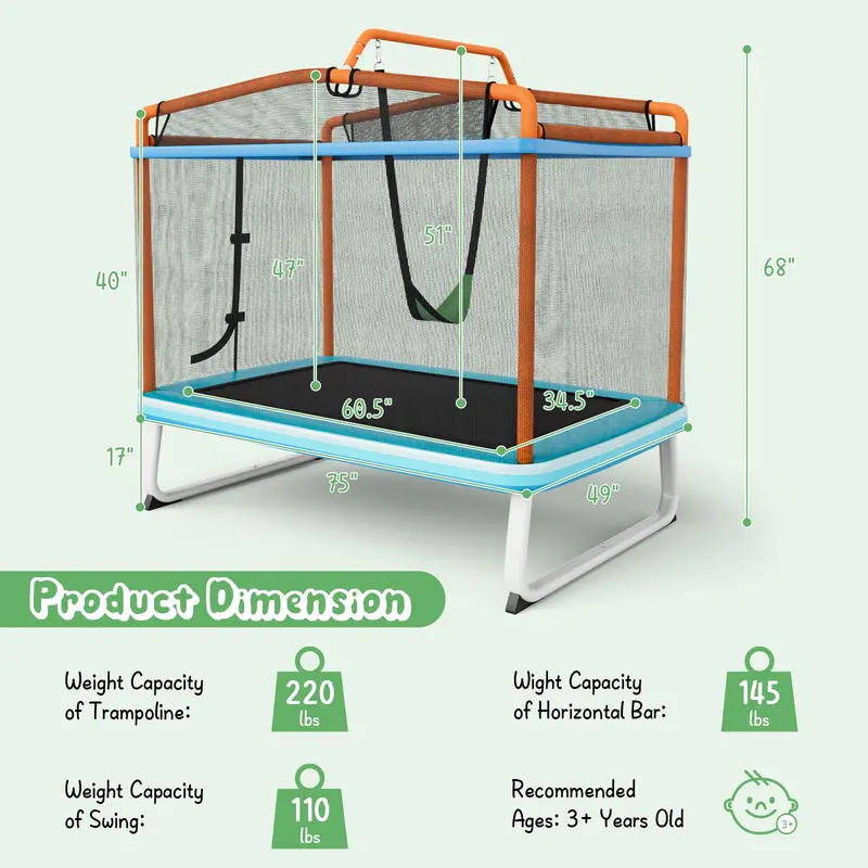 Trampolina 3 w 1 dla maluchów: dmuchany zamek, huśtawka i drążek do podciągania z siatką zabezpieczającą.