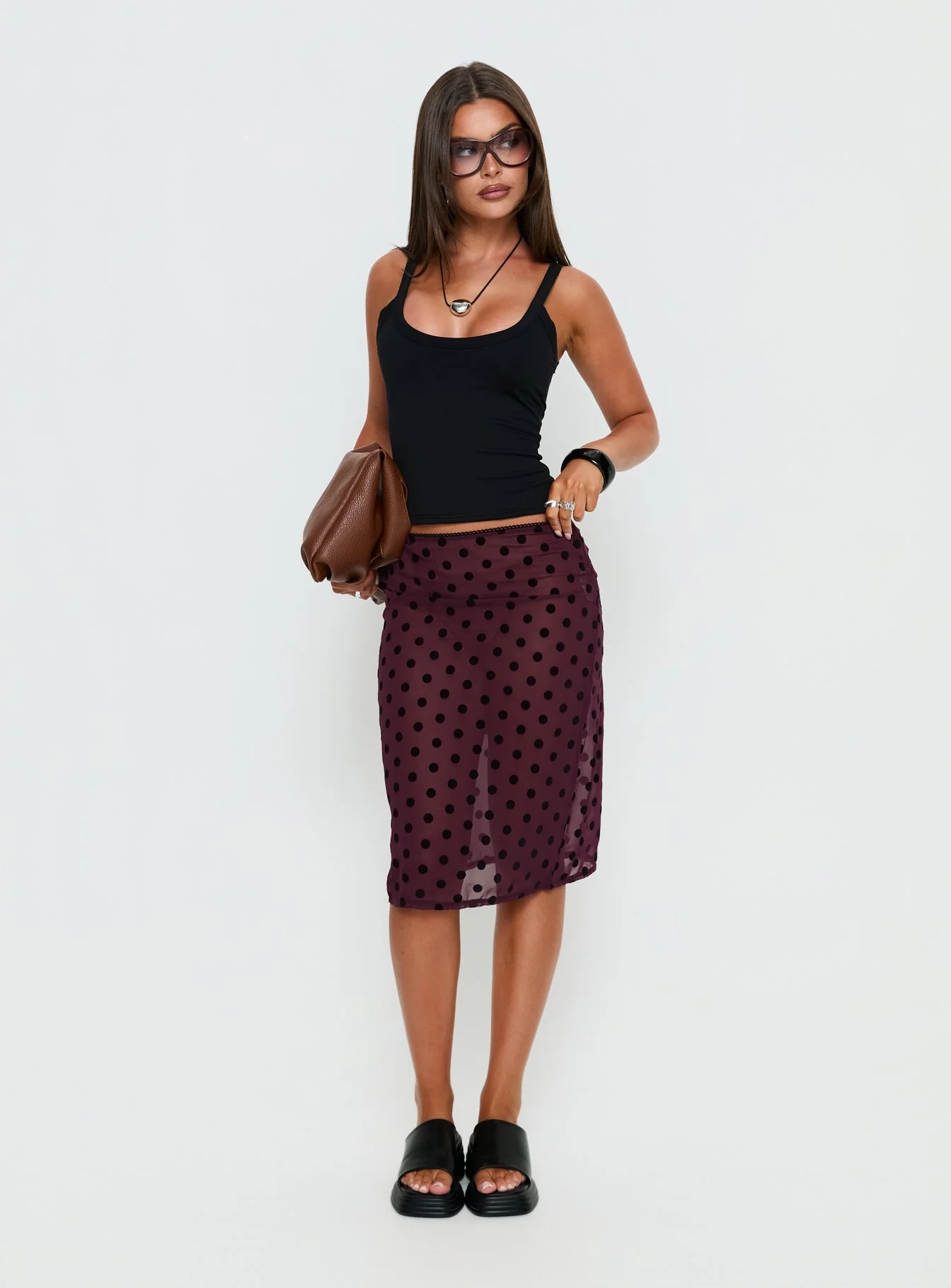 Evani Sheer Chiffon Midi Skirt Polka Maroon