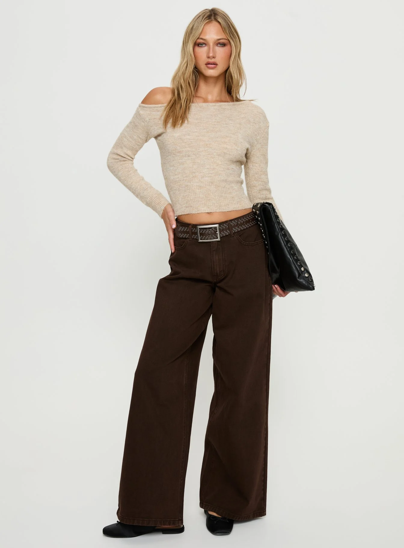 Selbey Fluffy Cinched Waist Off Shoulder Top Cream Marle