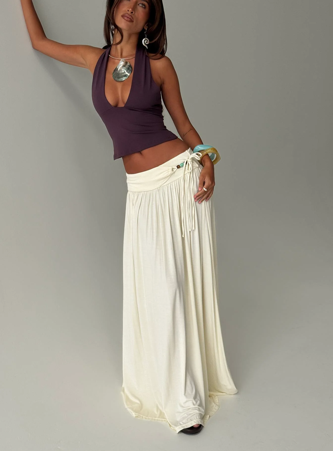 Velvet Storm Tie Detail Flowy Maxi Skirt Cream