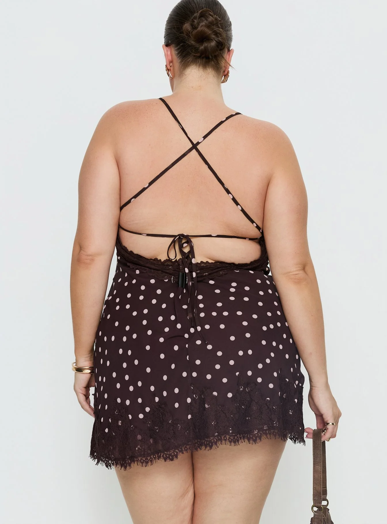 Call My Lover Lace Slip Mini Dress Brown Polka Curve