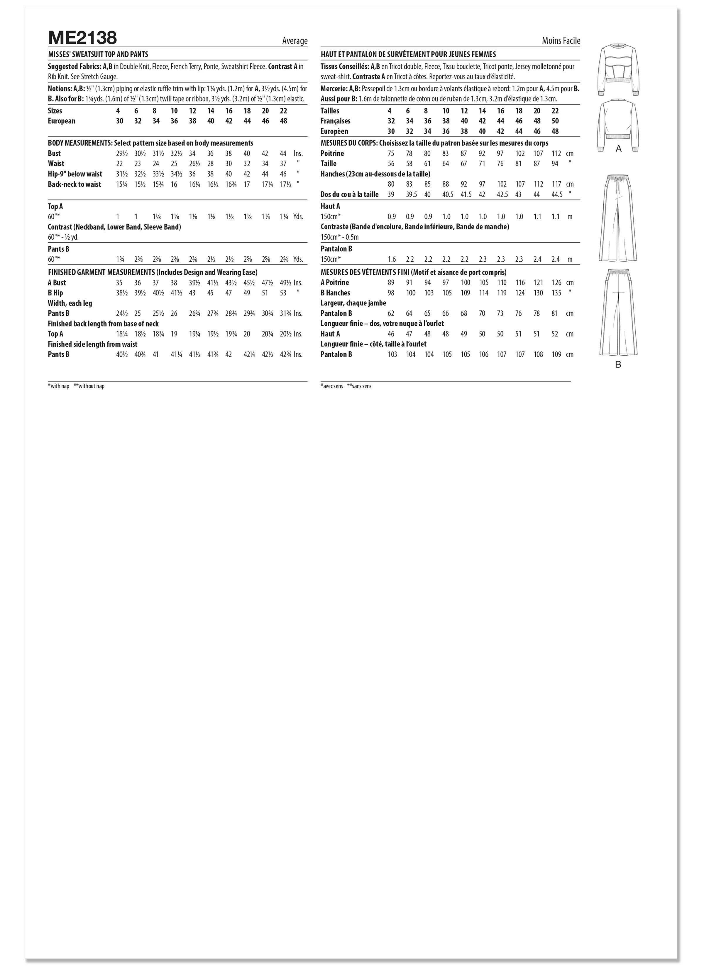 KnowMe Pattern Me2138 Misses' Sweatsuit Top and Pants