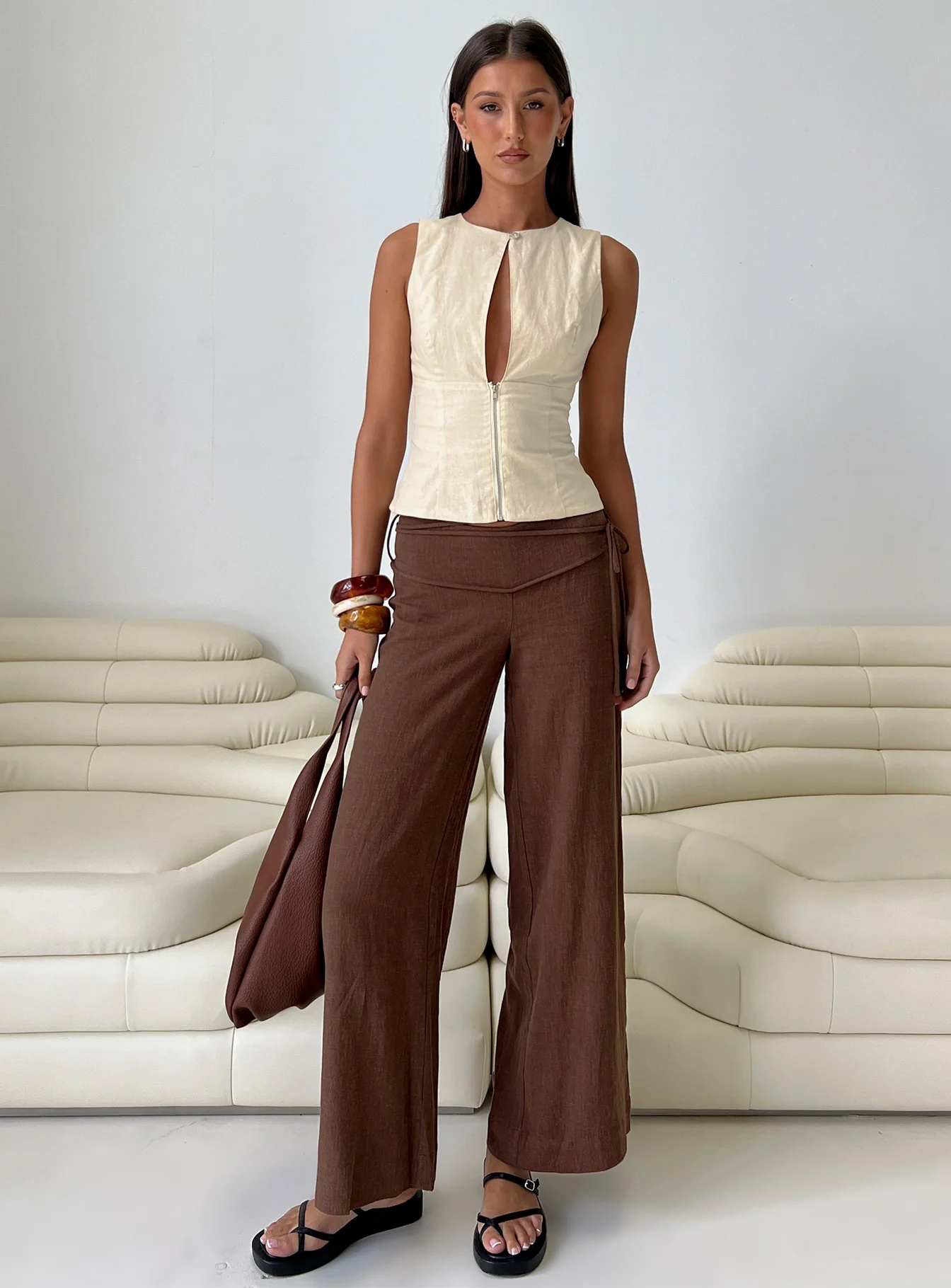 Silver Moon Linen Blend Tie Pants Brown Petite