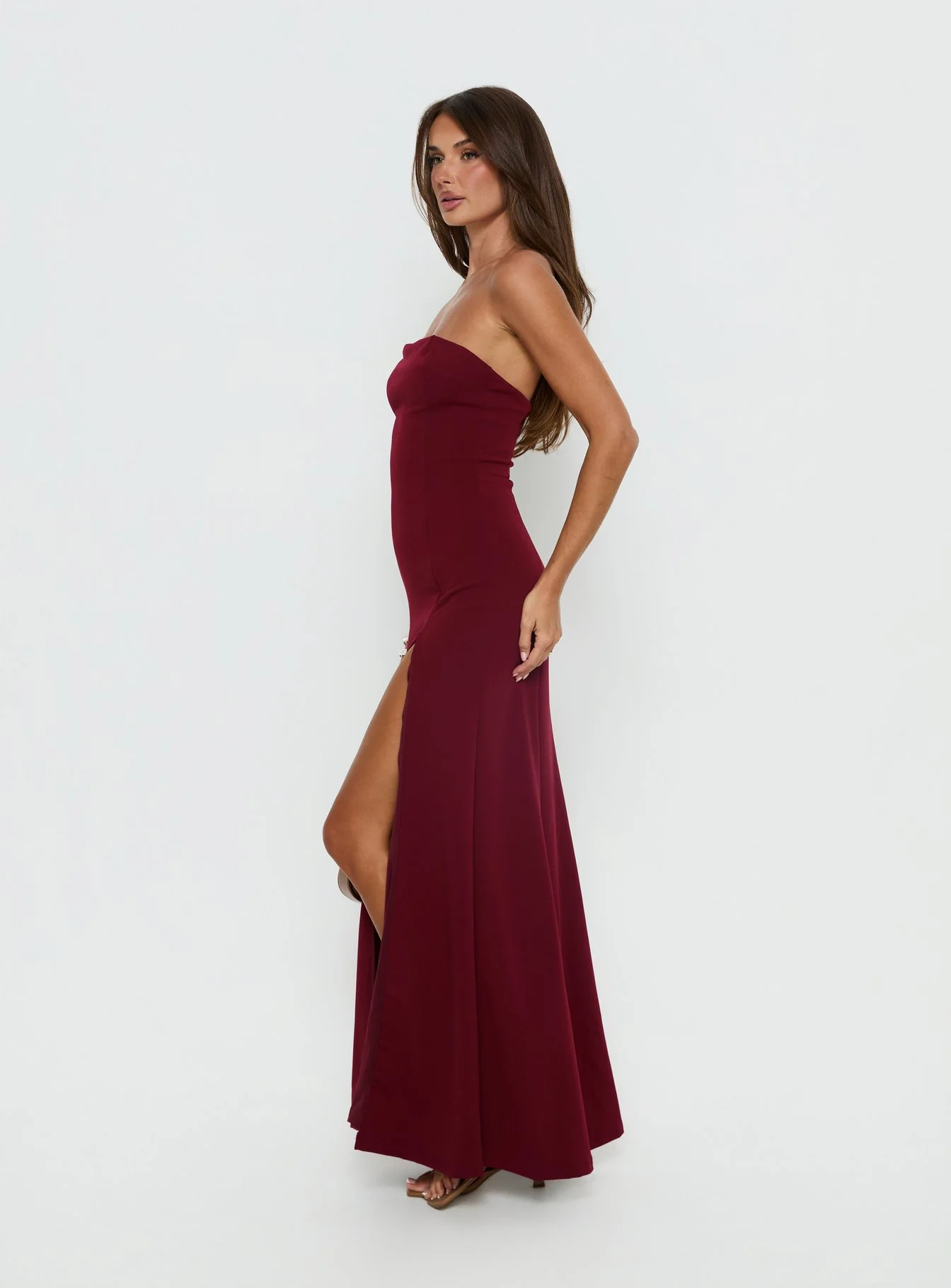Diamanti Strapless High Slit Maxi Dress Burgundy