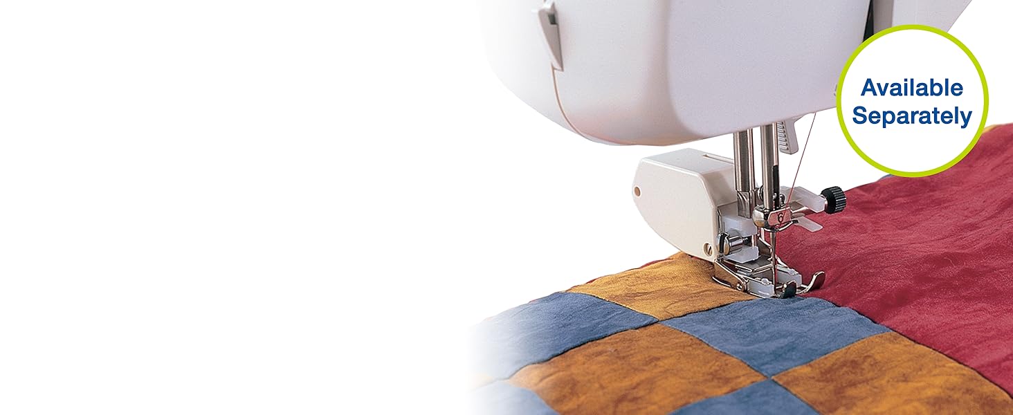 Image of material being sewn with circular green icon in right top saying available separately