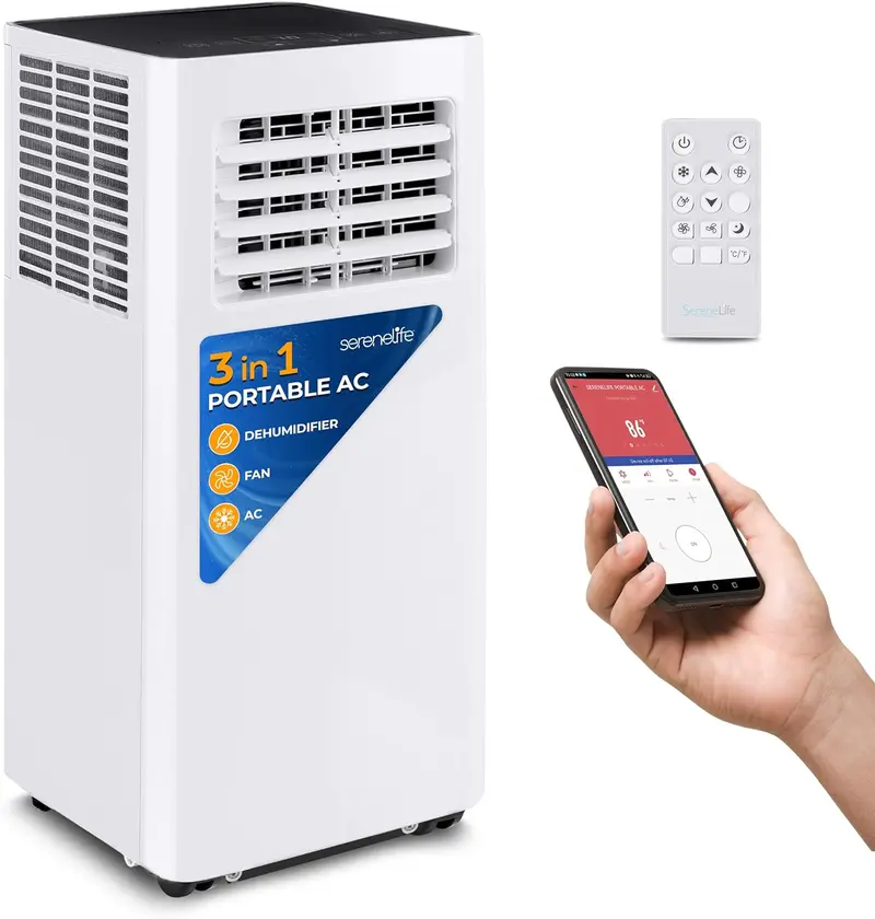 Klimatyzator przenośny 3 w 1 o mocy 8000 BTU – tryby chłodzenia, osuszania i wentylacji, sterowanie zdalne, zestaw okienny, kółka i cicha praca dla pomieszczeń o powierzchni do 28 m²