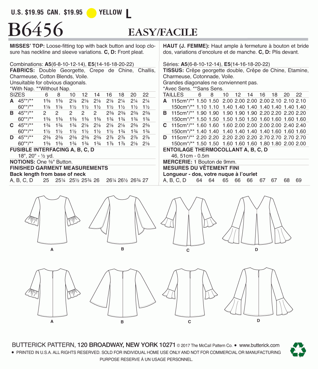 Butterick Pattern B6456 Misses' Tulip or Ruffle Sleeve Tops