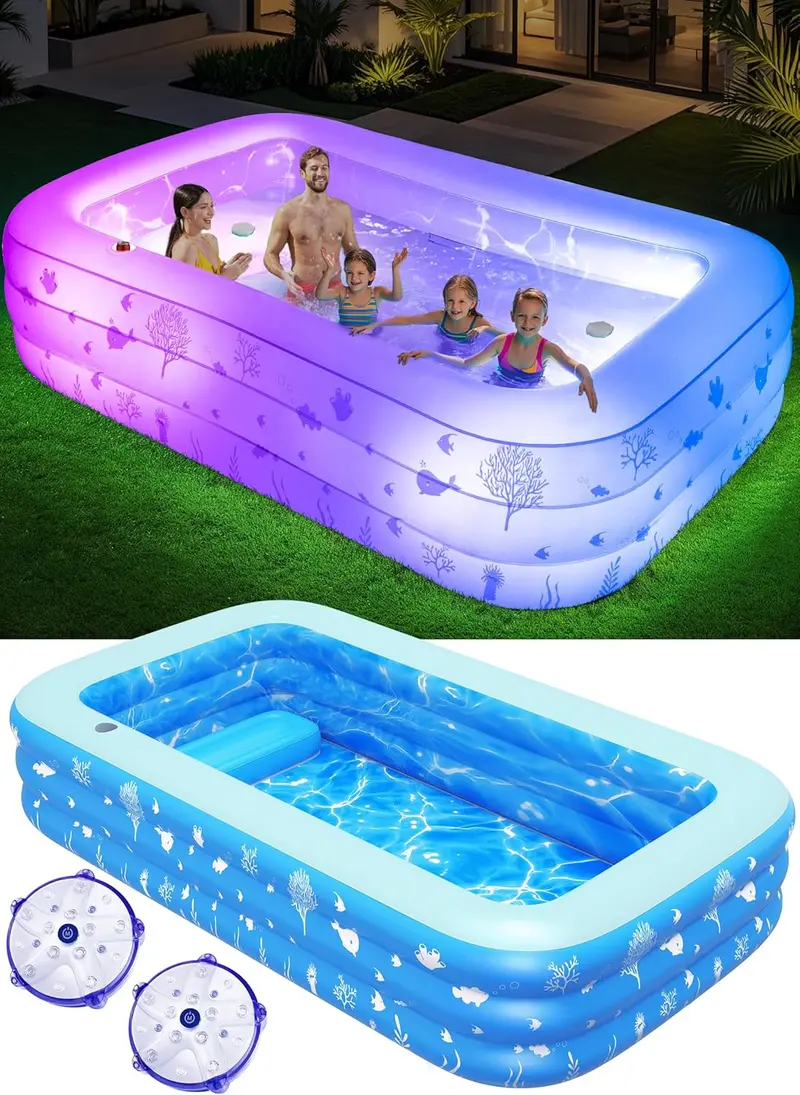 Przestronny, dmuchany basen z wbudowanym siedziskiem i oświetleniem LED, wymiary 105 x 65 x 25 cm. Grube i wytrzymałe ściany, odpowiedni dla dorosłych i dzieci.