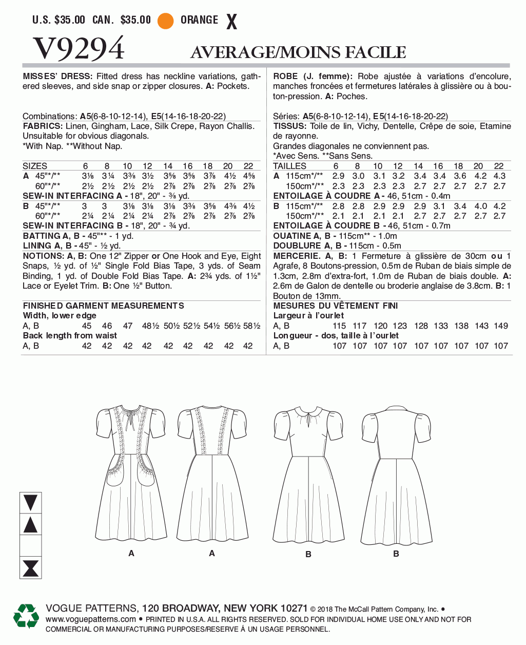 Vogue Pattern V9294 Misses' Dress