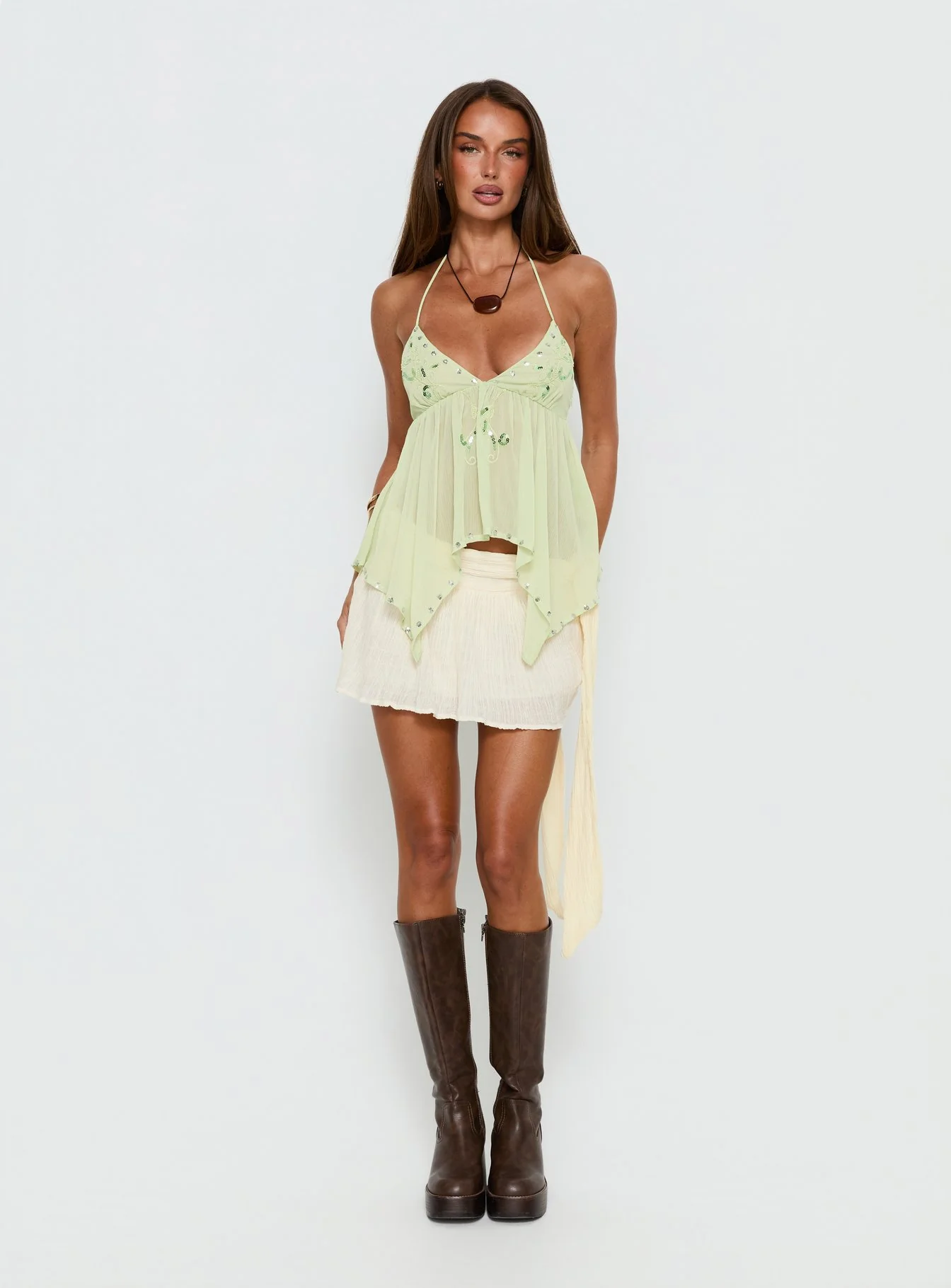 Wistie Asymmetrical Beaded Top Green