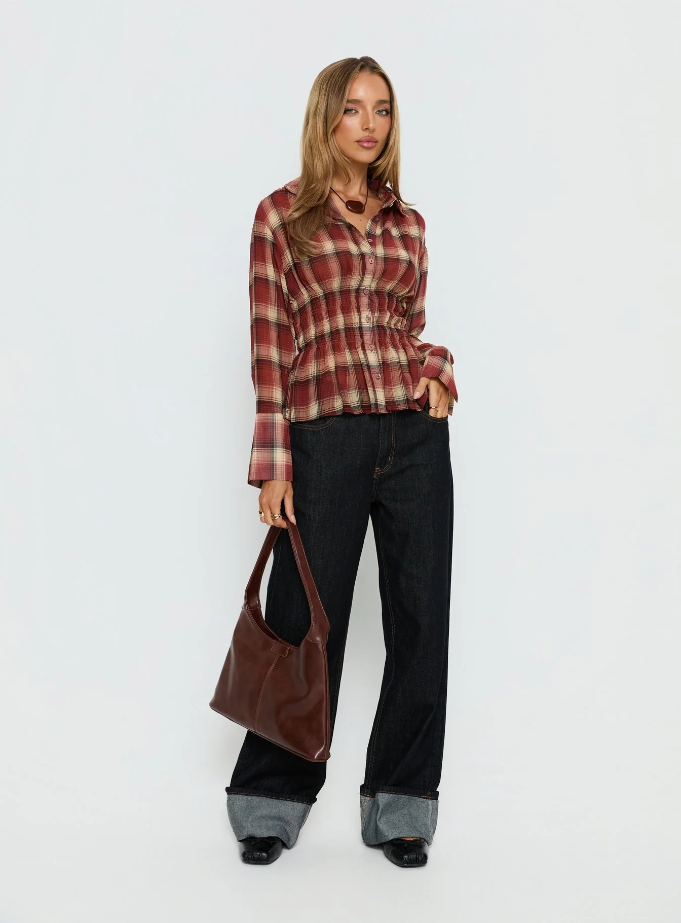 As You Are Shirred Button Up Top Red Check