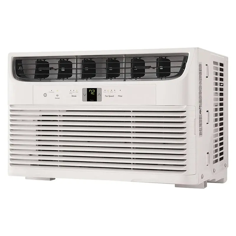 Klimatyzator okienny o mocy 8000 BTU z Wi-Fi, pilotem, trybem ekologicznym i regulowaną prędkością wentylatora.