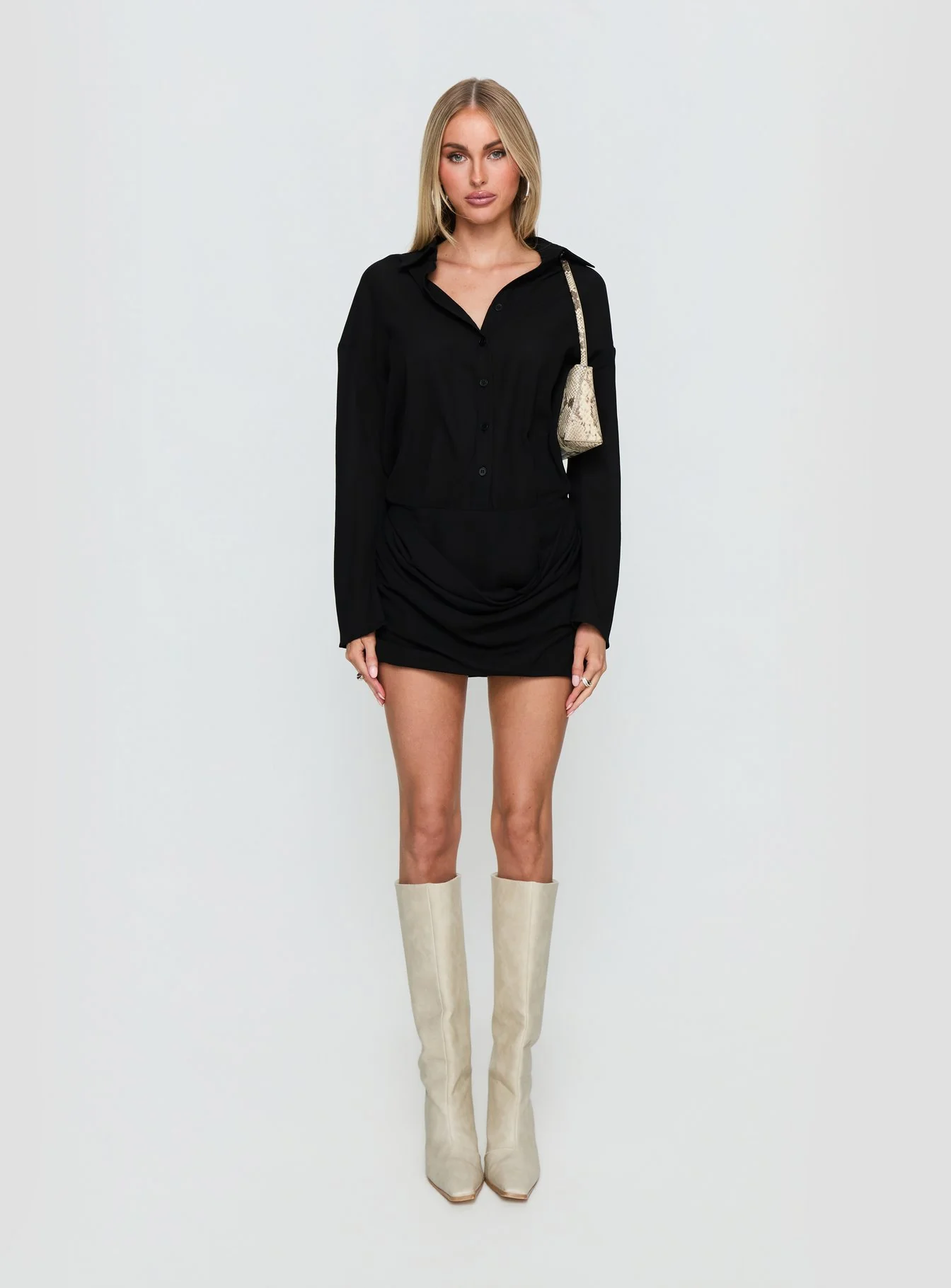 Tareno Long Sleeve Shirt Dress Black
