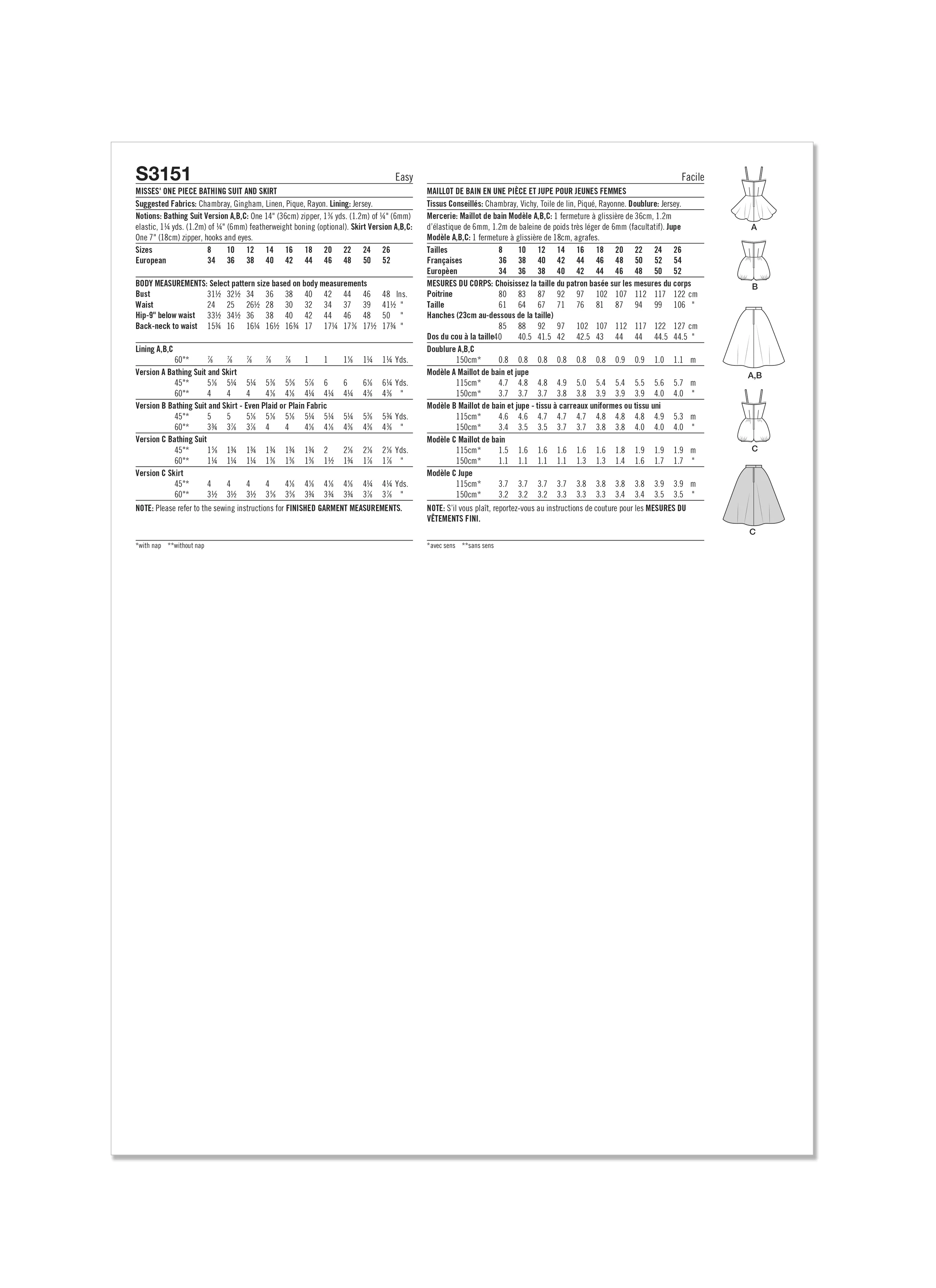 Simplicity Pattern S3151 1950s Misses' One Piece Bathing Suit and Skirt