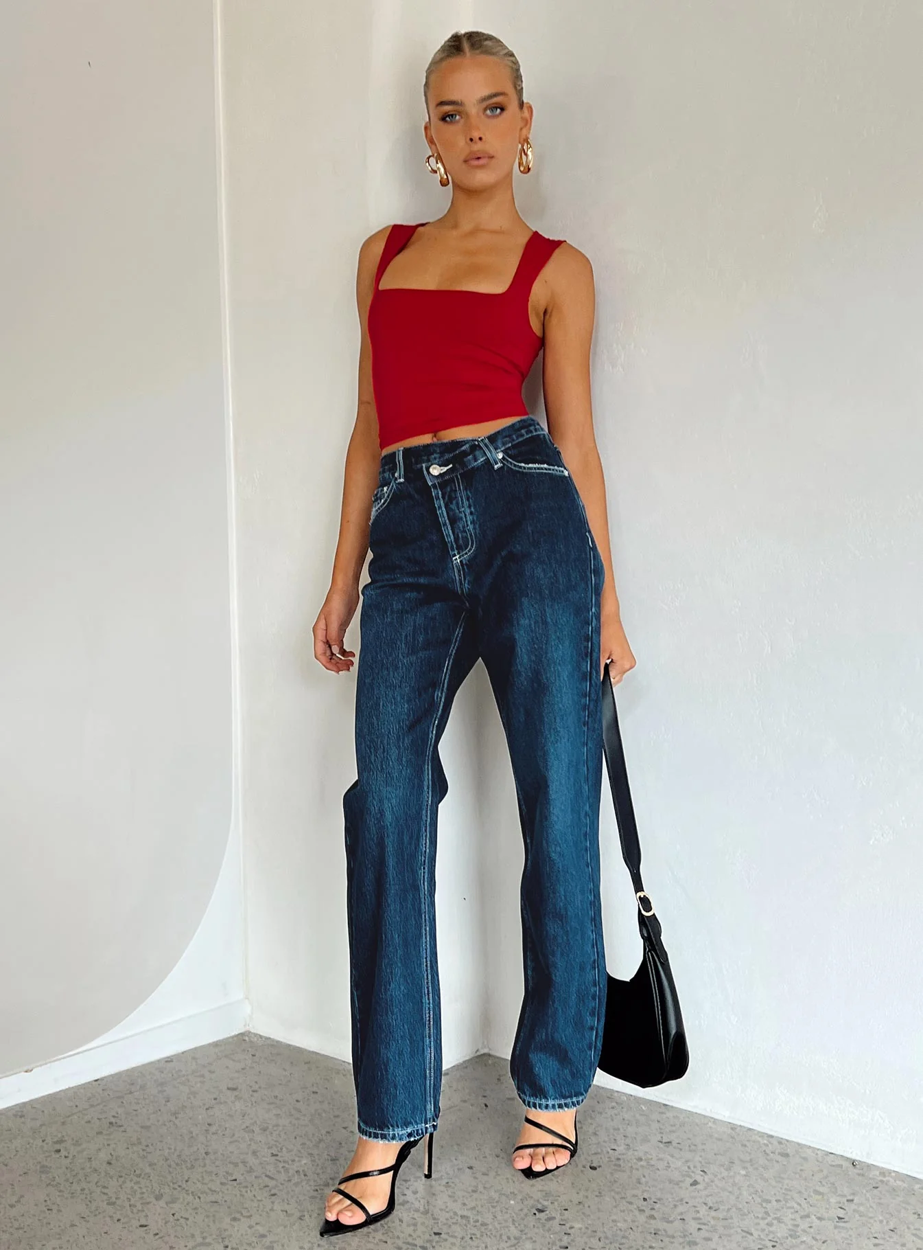 Holly Asymmetric Straight Leg Jean Dark Wash Denim