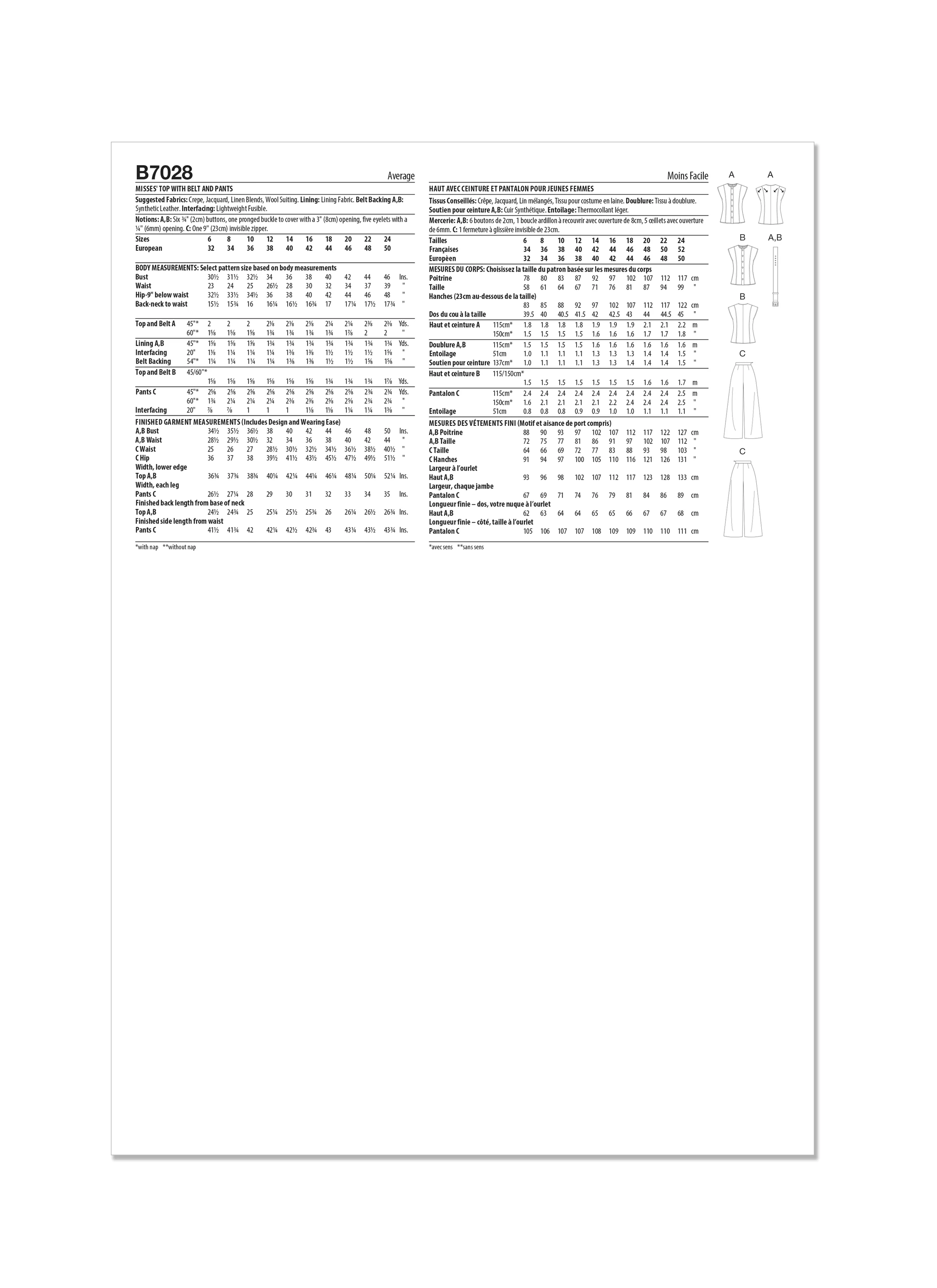 Butterick Pattern B7028 Misses' Top with Belt and Pants