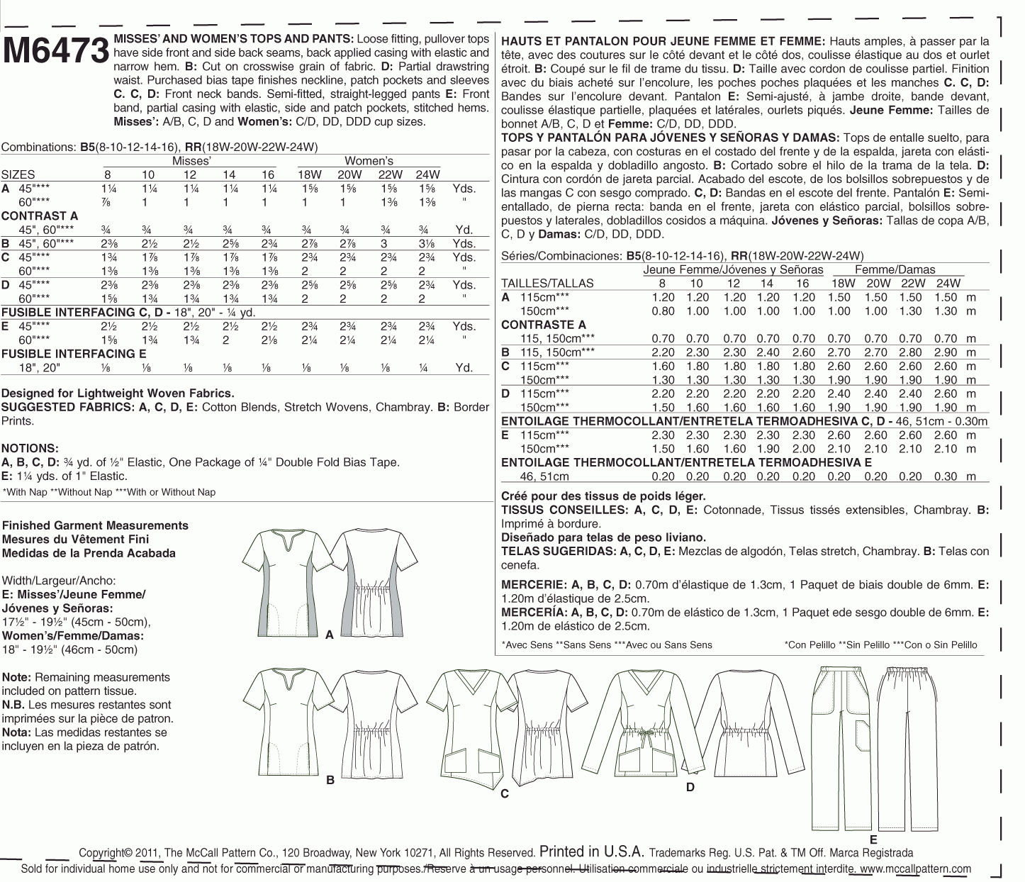 McCall's Pattern M6473 Misses'/Women's Tops and Pants