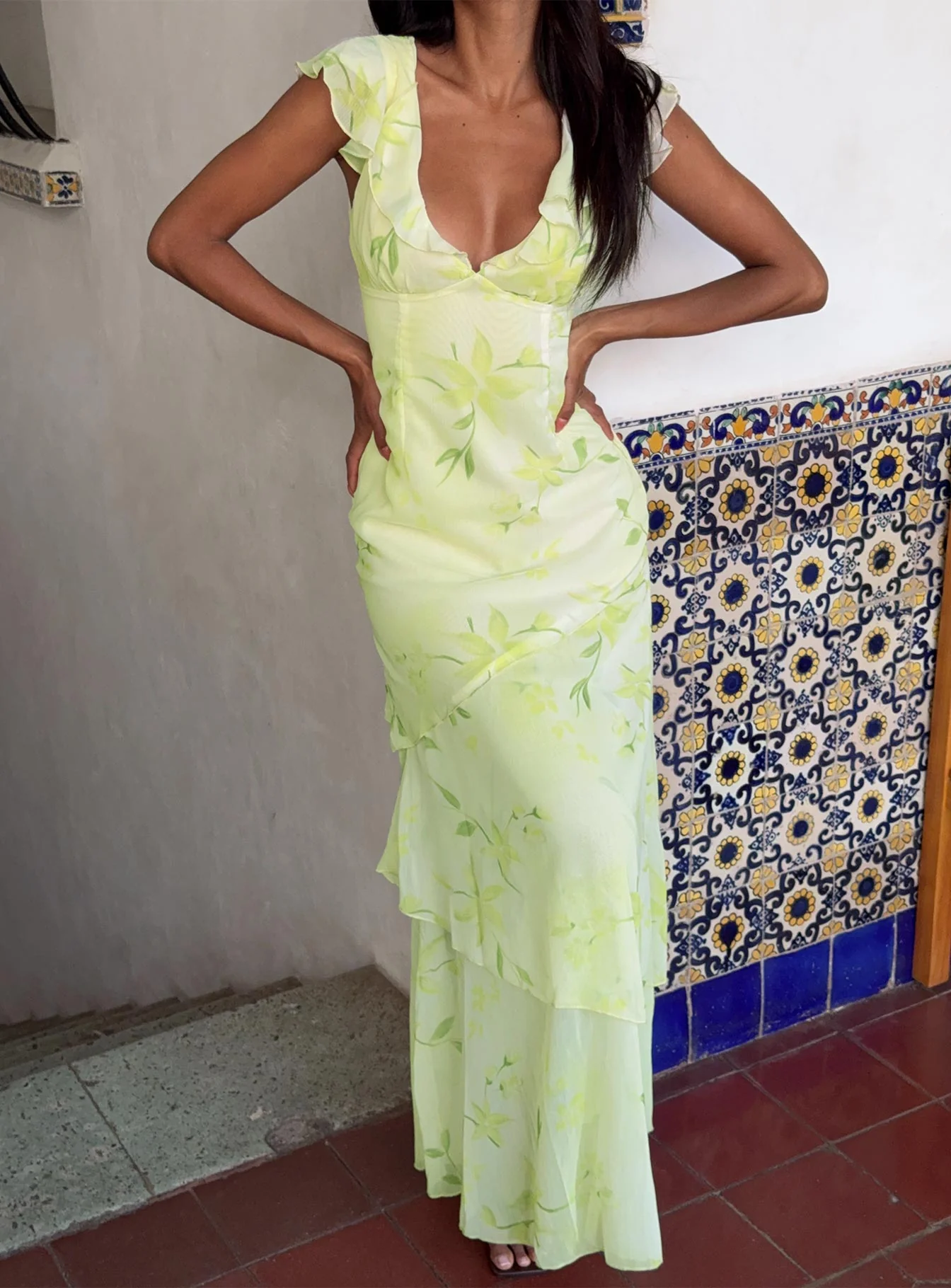 Been Away Frill Maxi Dress Green Multi