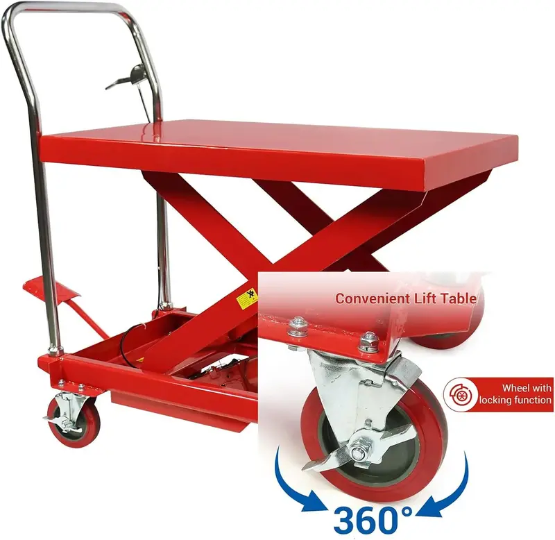 Wózek widłowy hydrauliczny o udźwigu 300 kg – wysokość maksymalna 79 cm, podwójny mechanizm nożycowy, 4 koła skrętne i powierzchnia antypoślizgowa.