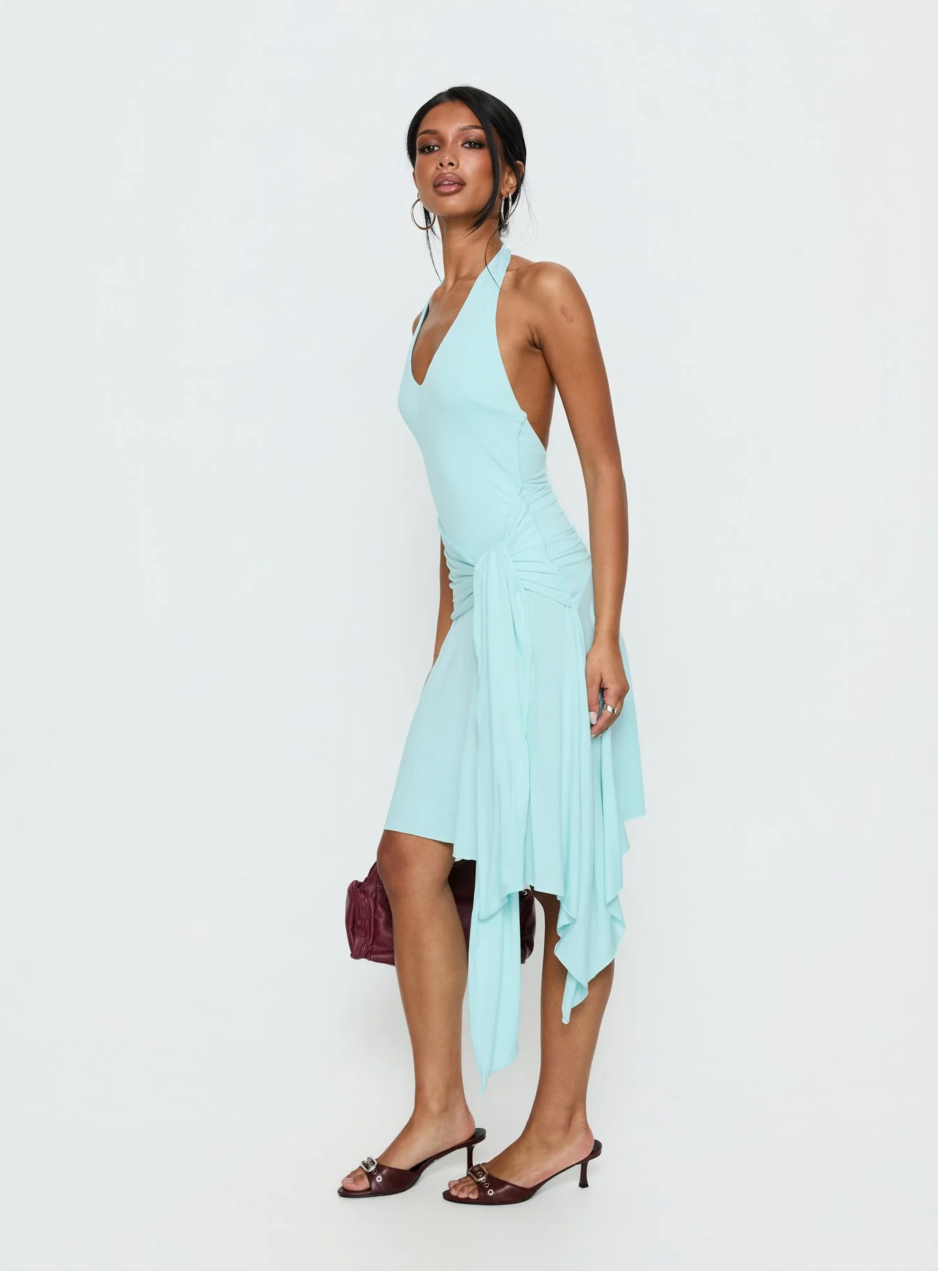Moonlit Honey Asymmetrical Halter Jersey Midi Dress Turquoise