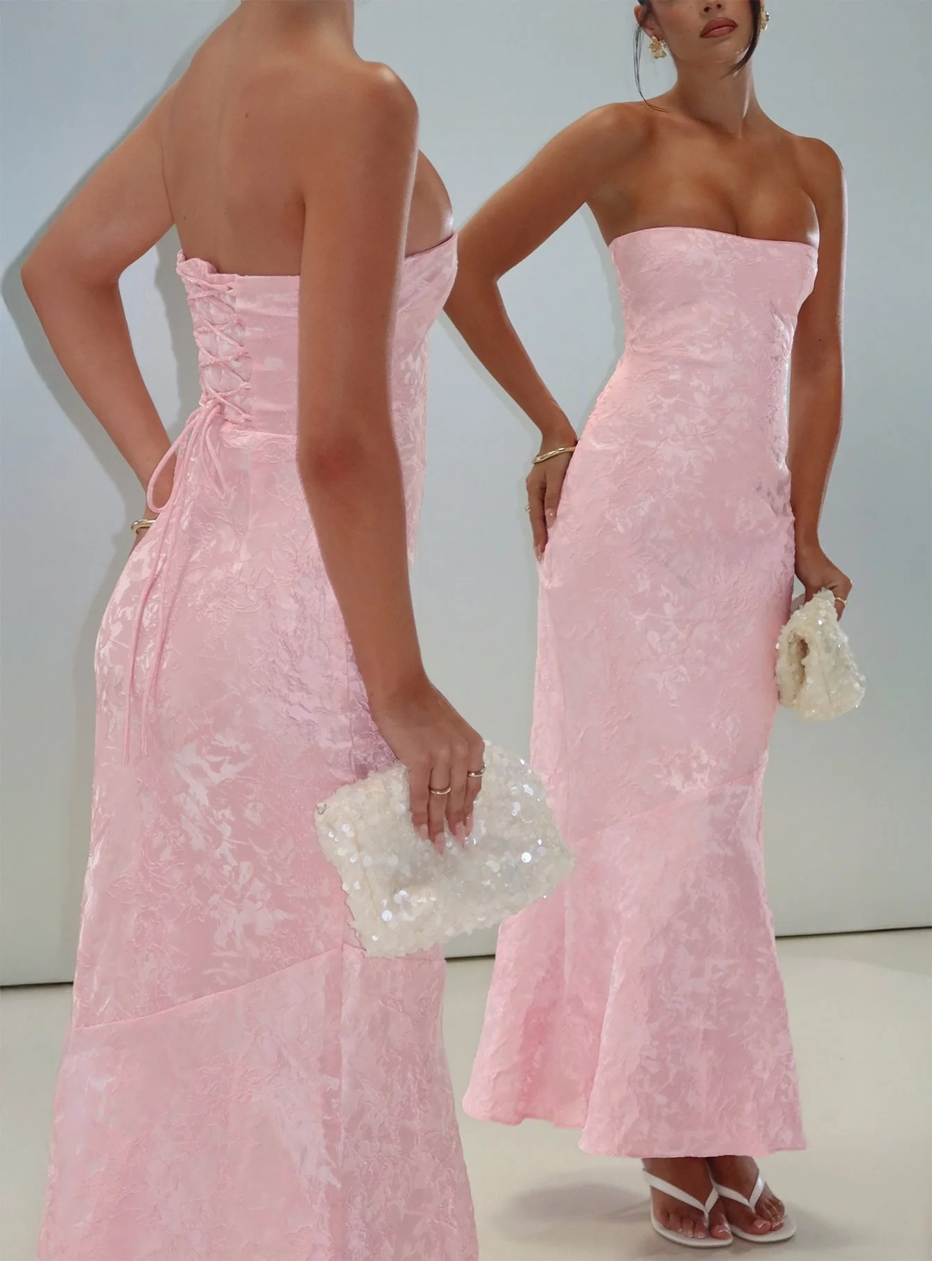 Lips Are Sealed Strapless Lace-Up Back Maxi Dress Pink