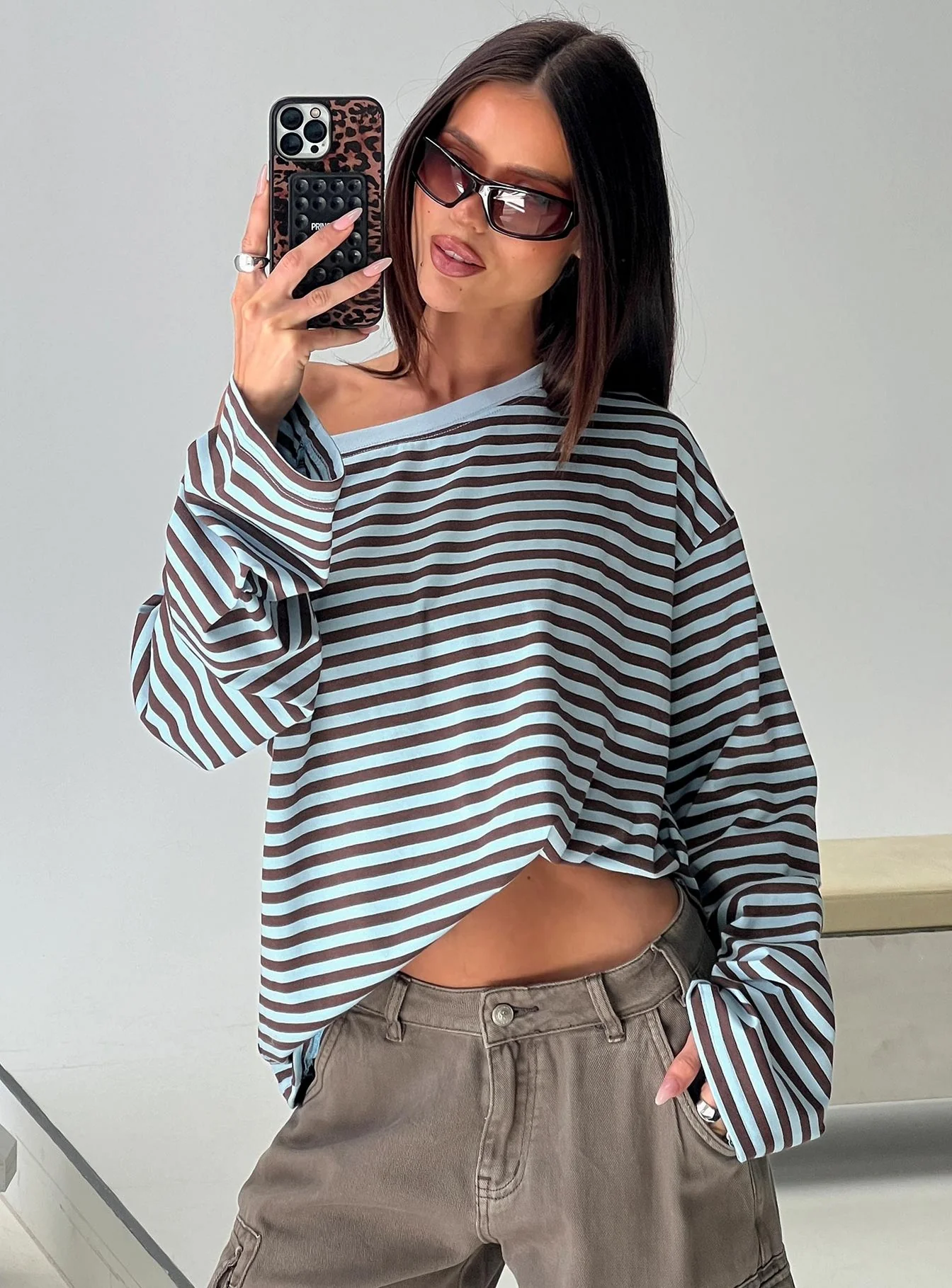 Settle Down One Shoulder Long Sleeve Top Chocolate / Blue Stripe