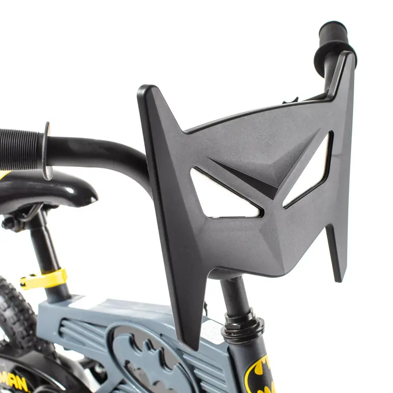 12-calowy rower chłopięcy Batman DC Comics z autentyczną grafiką, tabliczką rejestracyjną na kierownicy, hamulcem nożnym i kółkami bocznymi – szary/żółty/czarny