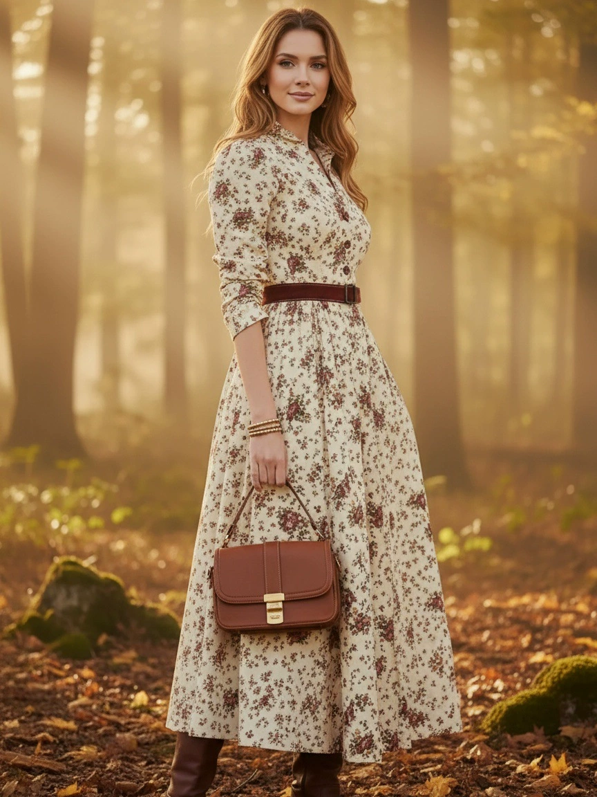 Floral Print V-Neck Long Sleeve Casual Pocket Vacation Maxi Dress