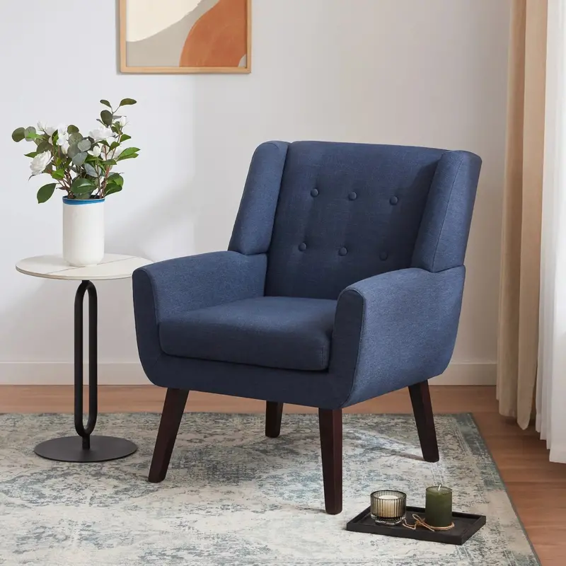 Fotel akcentowy Huimo w stylu Mid-Century Modern – beżowy tapicerowany fotel do czytania z ozdobnymi guzikami do salonu lub sypialni