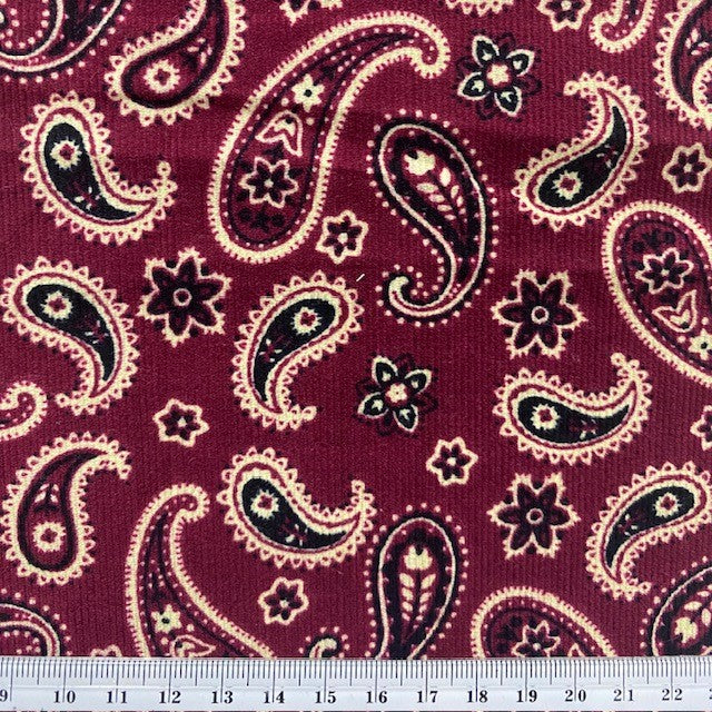 Printed Corduroy Fabric, Red Paisley- Width 114cm