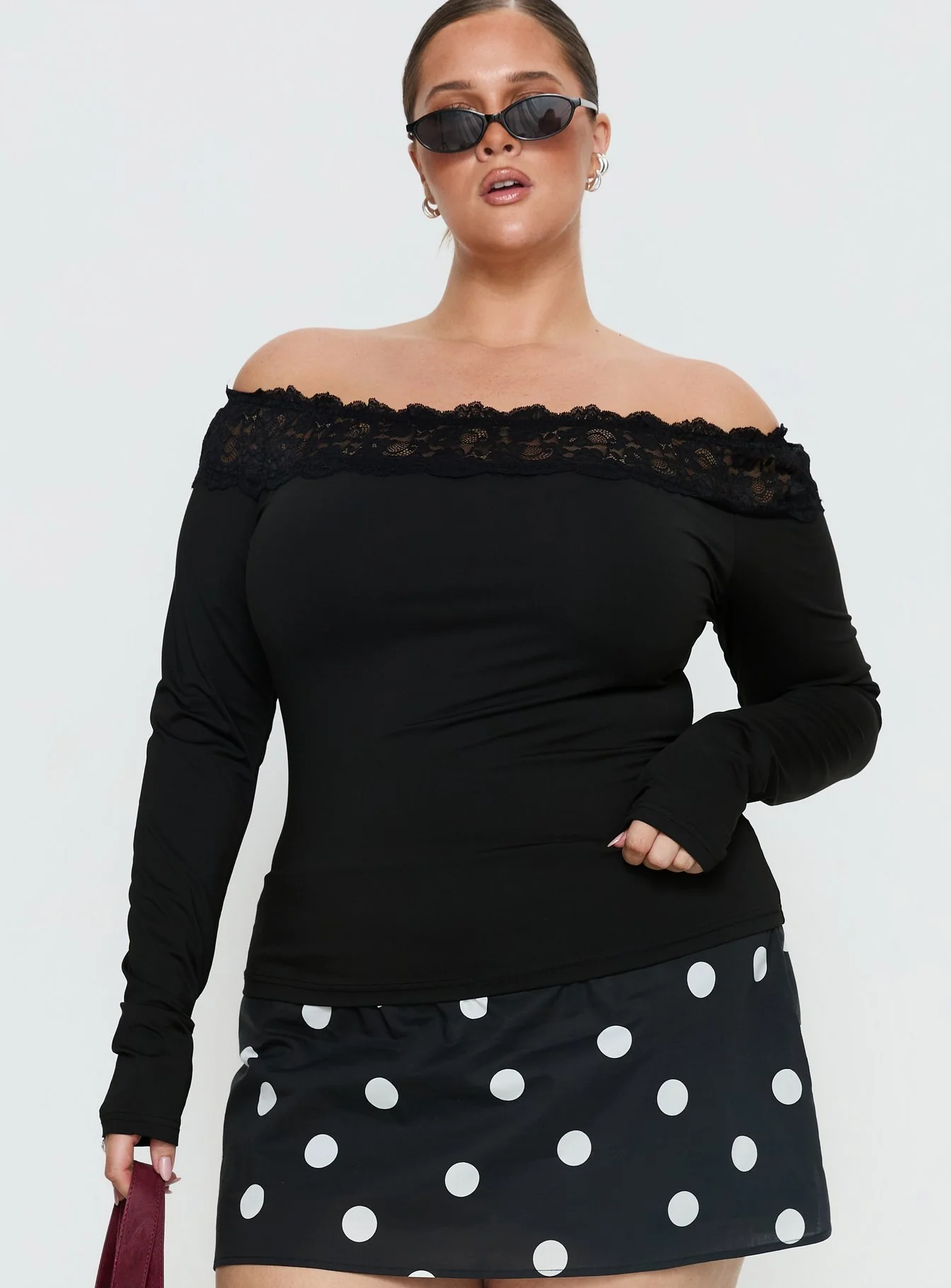Breiann Lace Off Shoulder Long Sleeve Top Black Curve