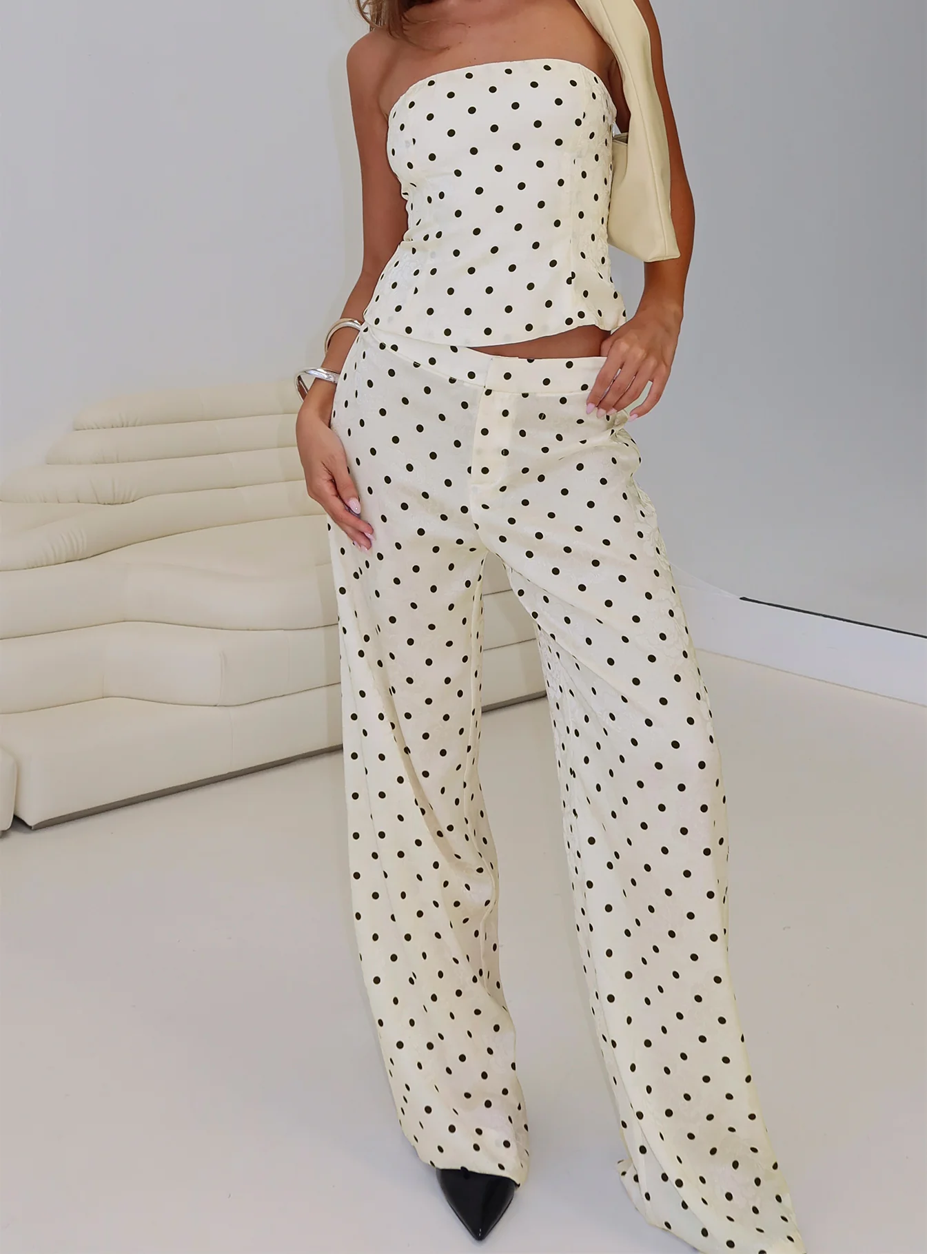 Powdered Sugar Strapless Set Cream Polka