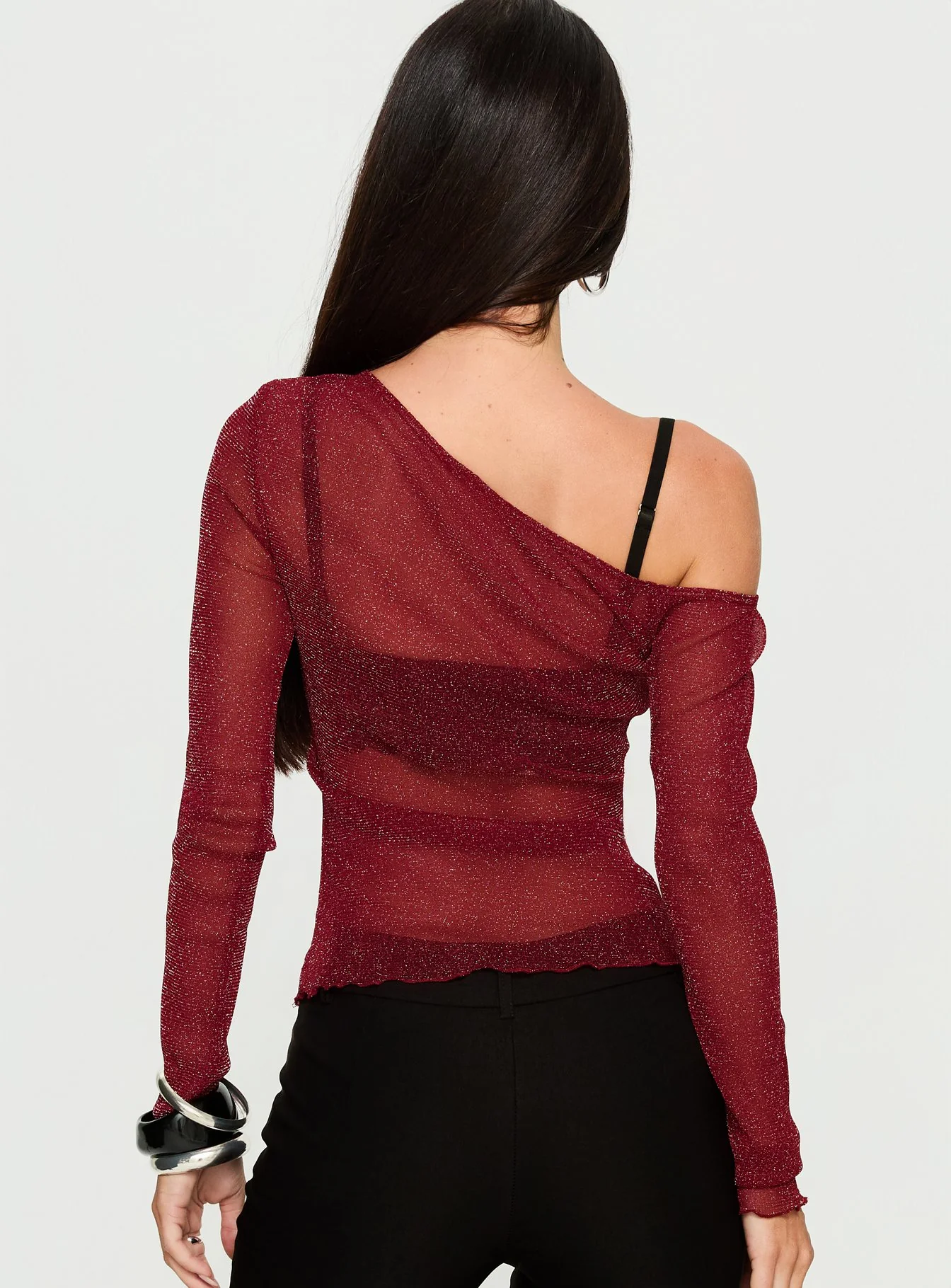 Zondra Sheer One Shoulder Top Burgundy Shimmer