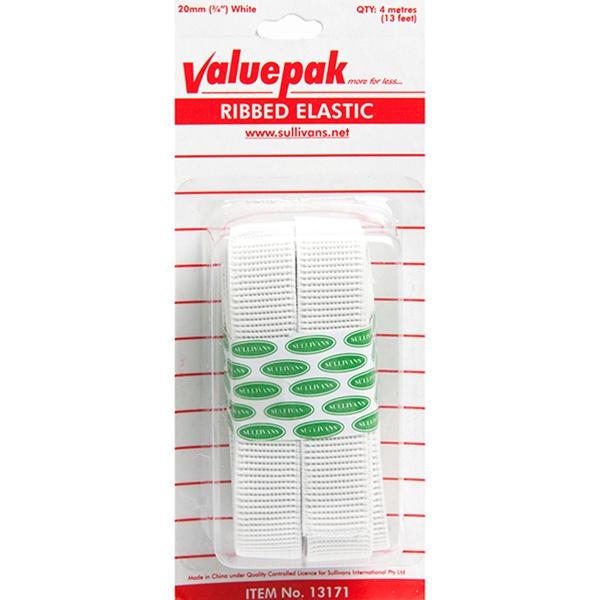 Valuepak 20mm Ribbed Elastic, White- 4m