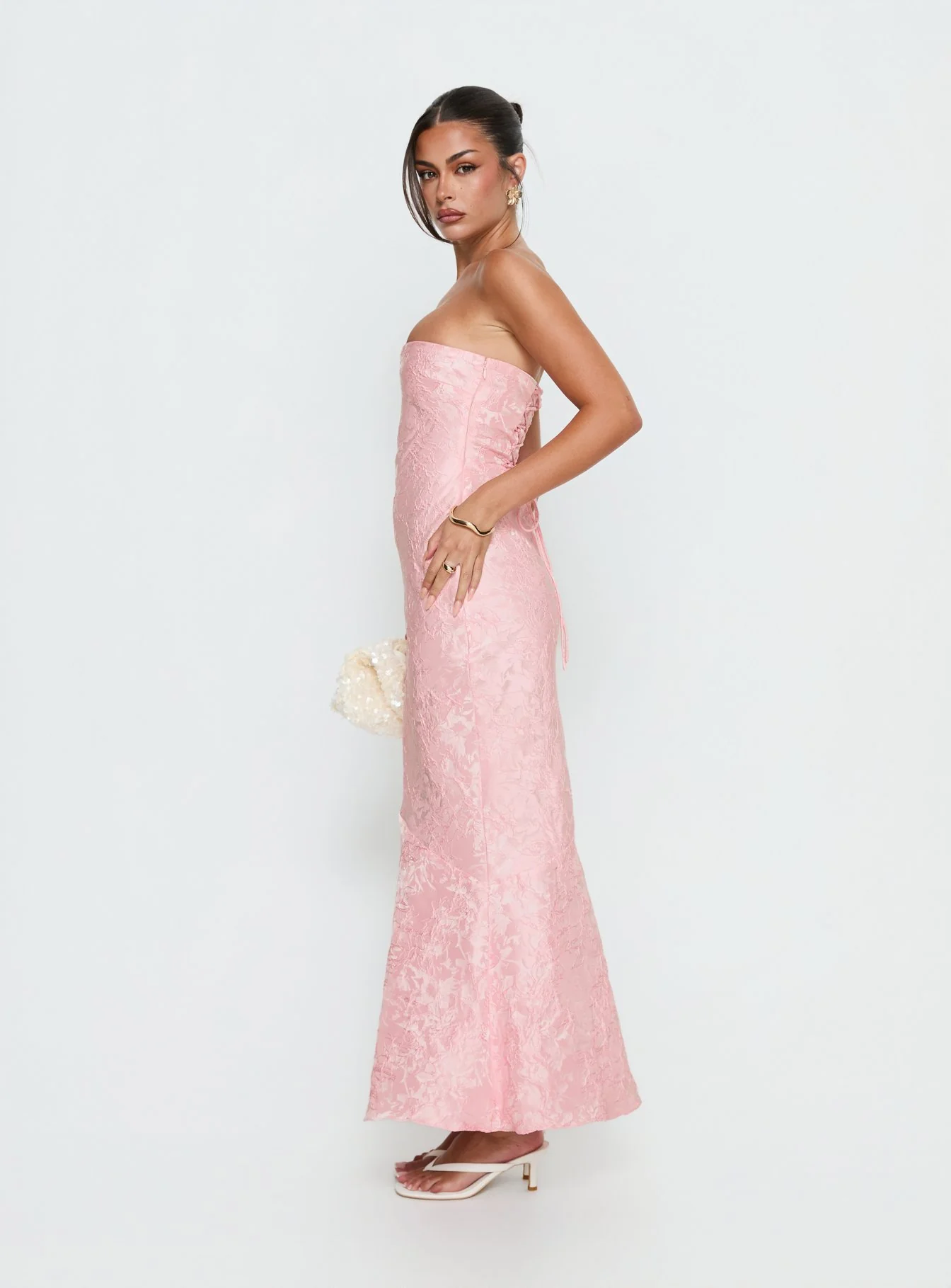 Lips Are Sealed Strapless Lace-Up Back Maxi Dress Pink