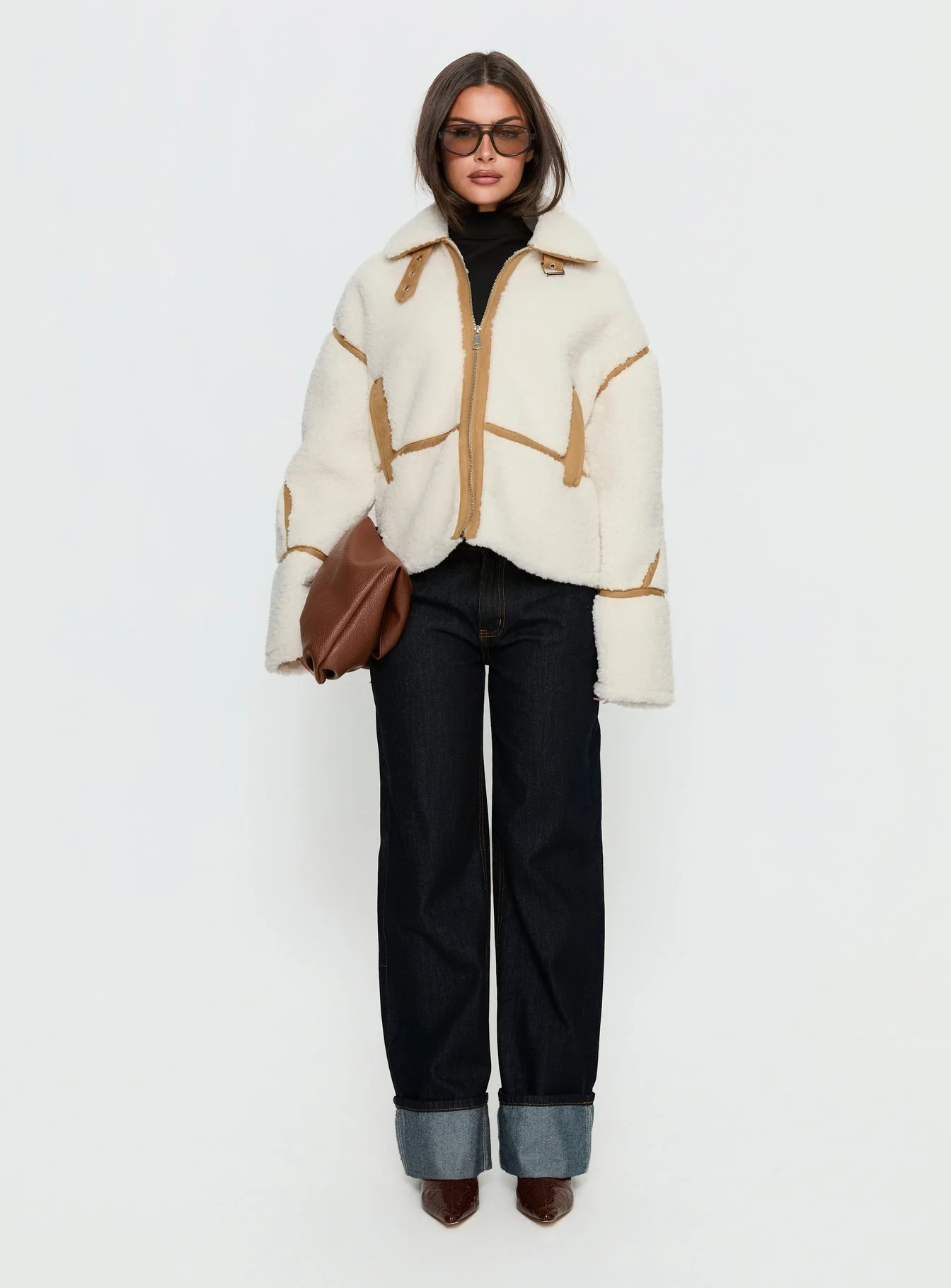 Briane Contrast Teddy Jacket White