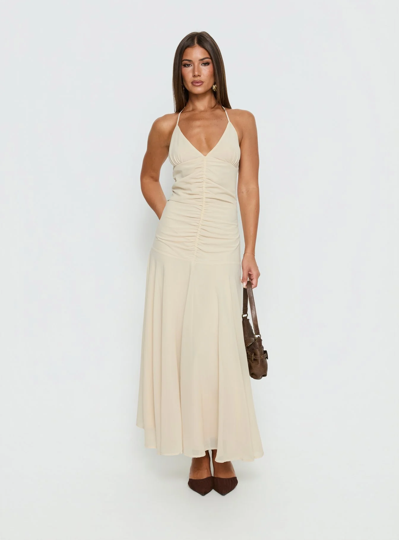 Carlisla Ruched Halter Maxi Dress Yellow