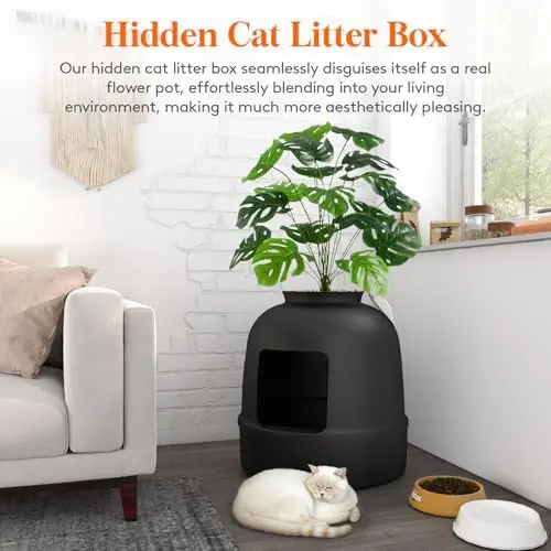 Kuweta dla kota Lifewit Hidden Cat Litter Box ze sztuczną rośliną i łopatką | Kontrola zapachu i filtr węglowy | Czarny | Nadaje się do salonu/łazienki