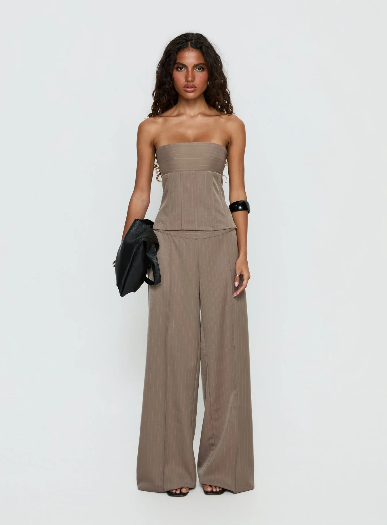 Madelle Mid Rise Straight Leg Pants Brown Pinstripe