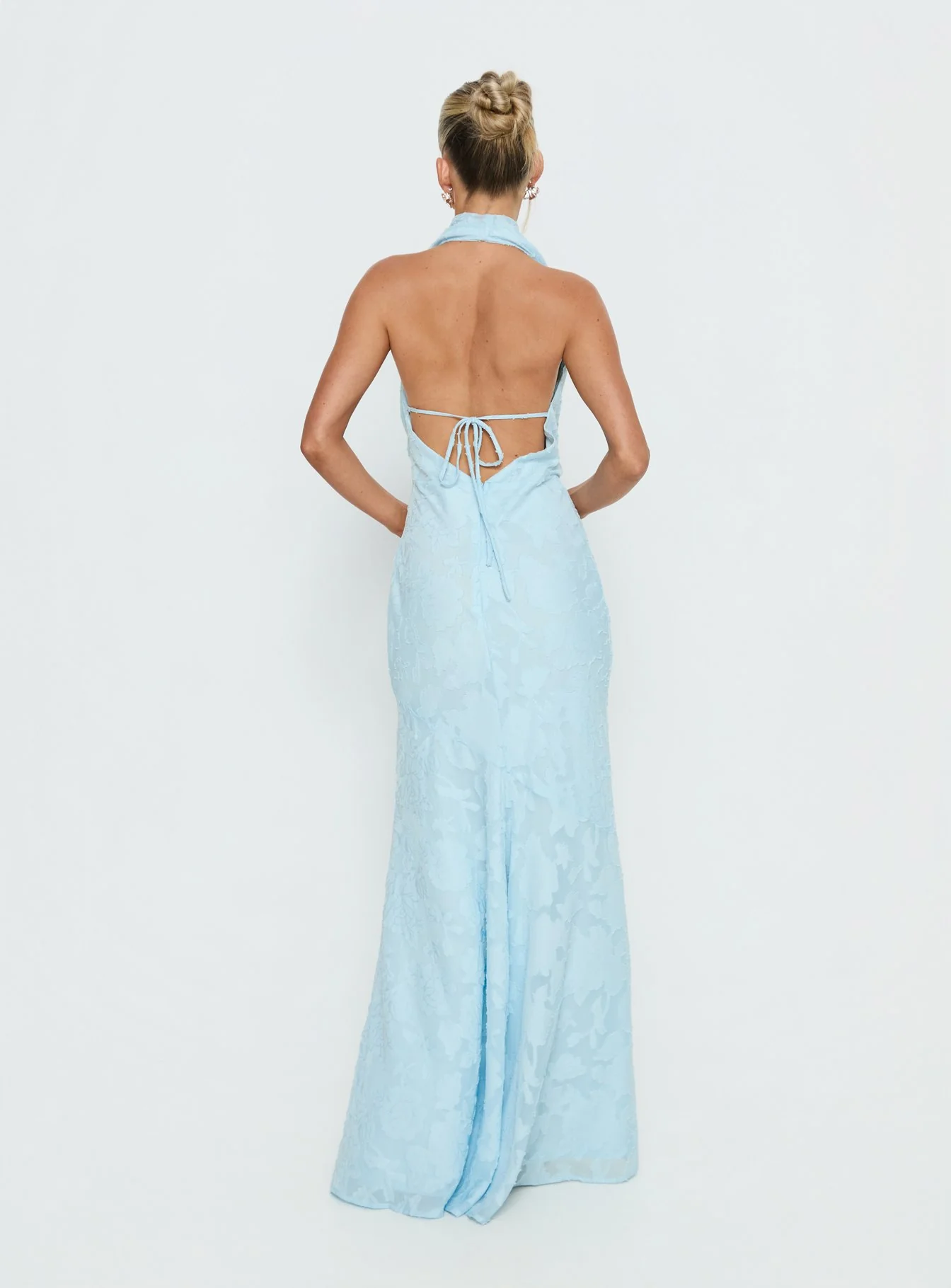 Invisible String Cowl Plunge Backless Maxi Dress Light Blue