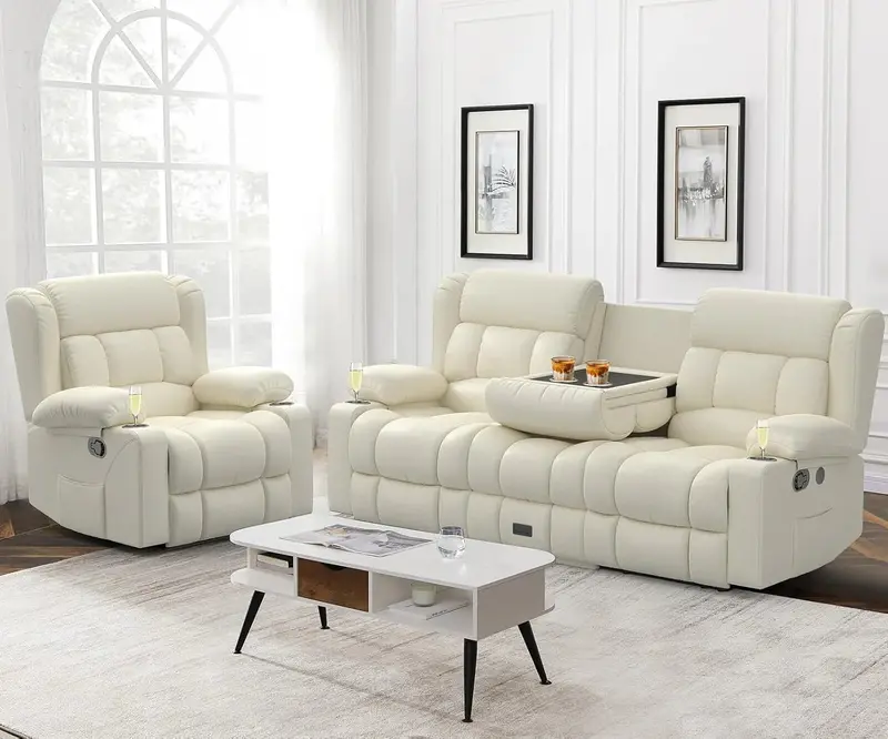 Ręcznie regulowana sofa 3-osobowa z szufladą do przechowywania, gniazdami ładowania USB i uchwytami na kubki.