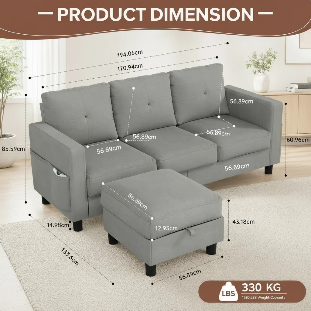 Light Grey L Shaped Sectional Sofa With Ottoman