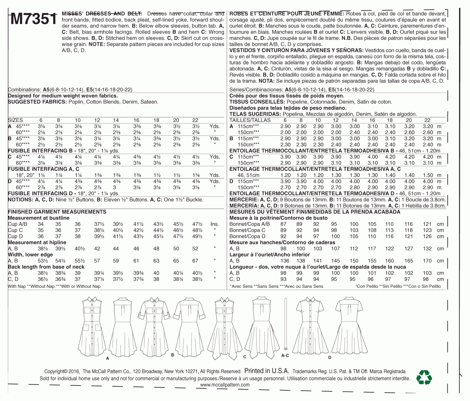 McCall's Pattern M7351 Misses' Shirtdresses with Pockets and belt