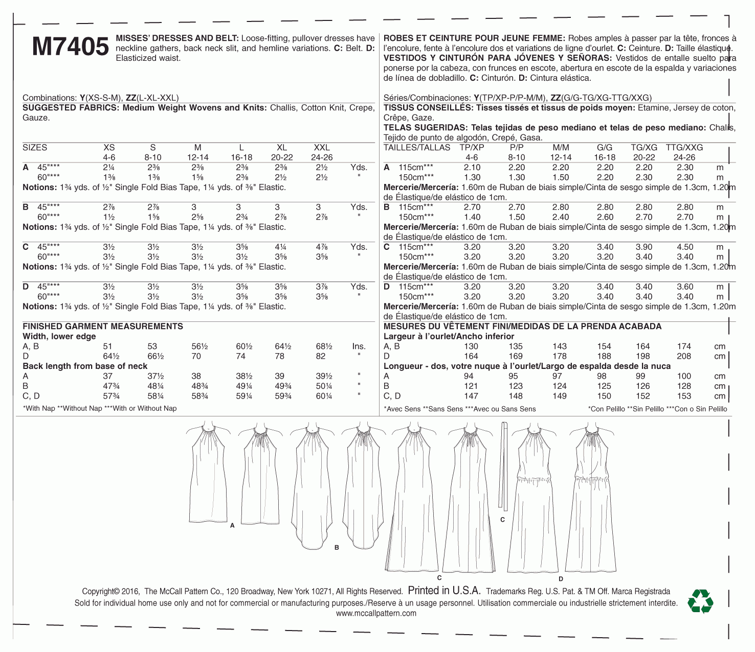 McCall's Pattern M7405 Misses' Dresses and belt